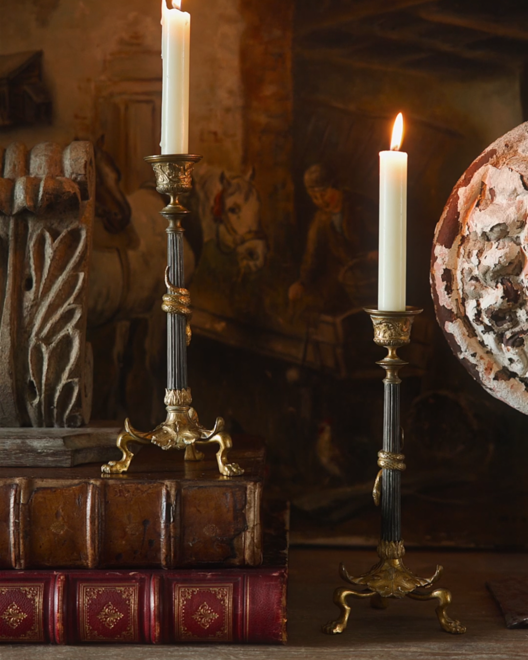 19th Century French Brass & Ebonized Iron Candlesticks — Pair