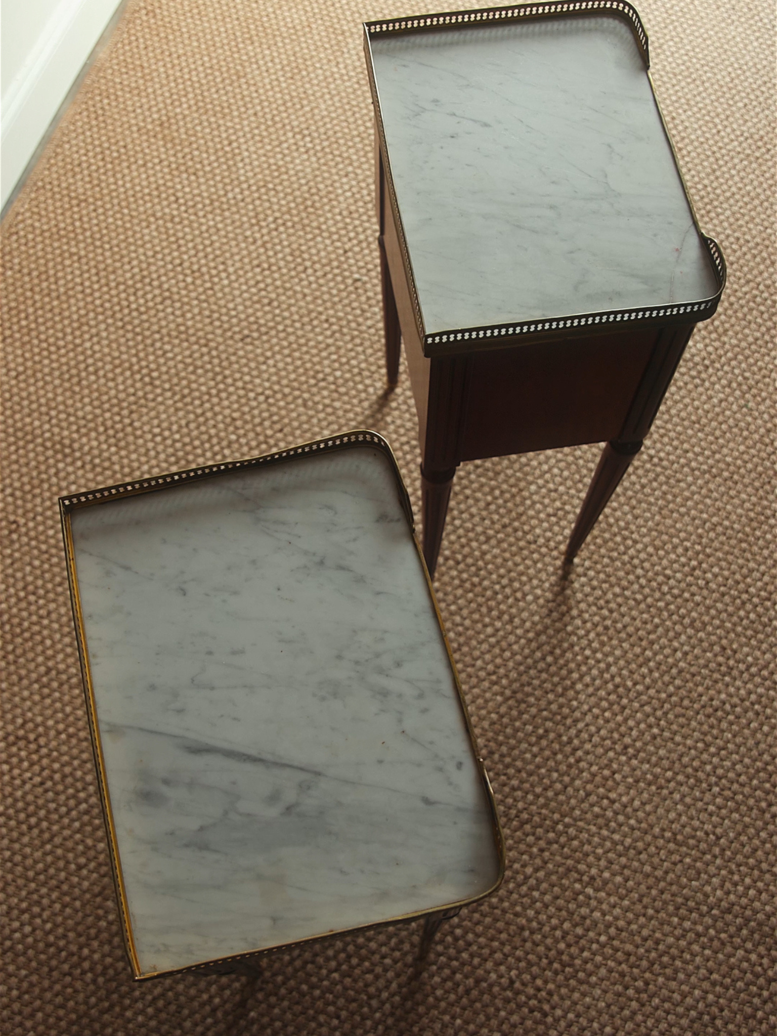 Pair of Louis XVI–Style Mahogany Nightstands with Carrara Marble Tops