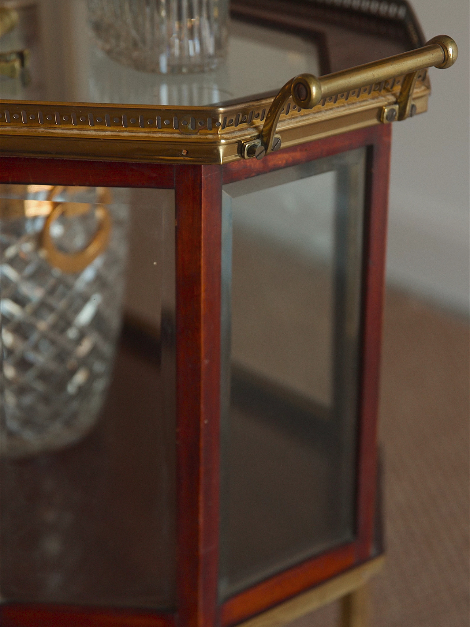 Antique Brass & Mahogany Bar Cart with Glass Display Panels