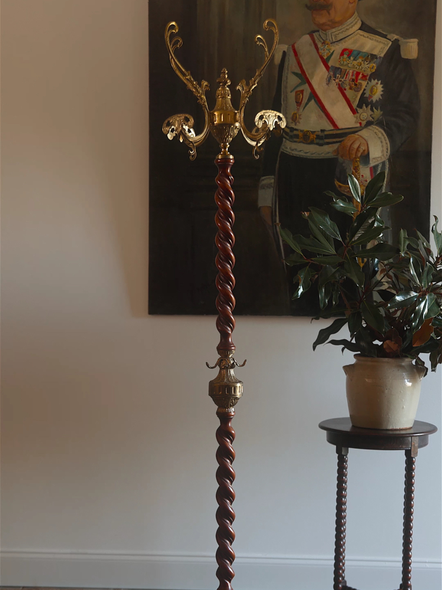 19th Century French Brass & Mahogany Coat Rack