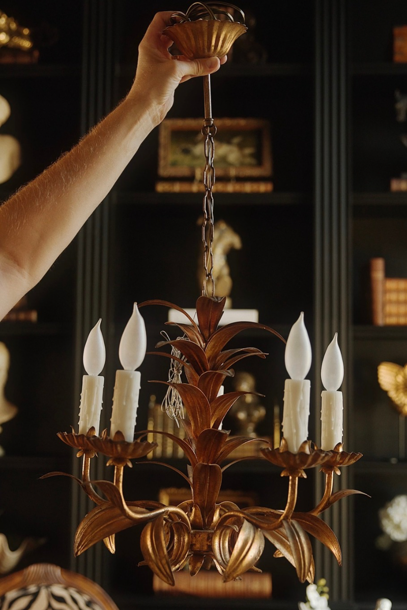 Mid-Century Italian Gilt Tole Palm Frond Four-Light Chandelier