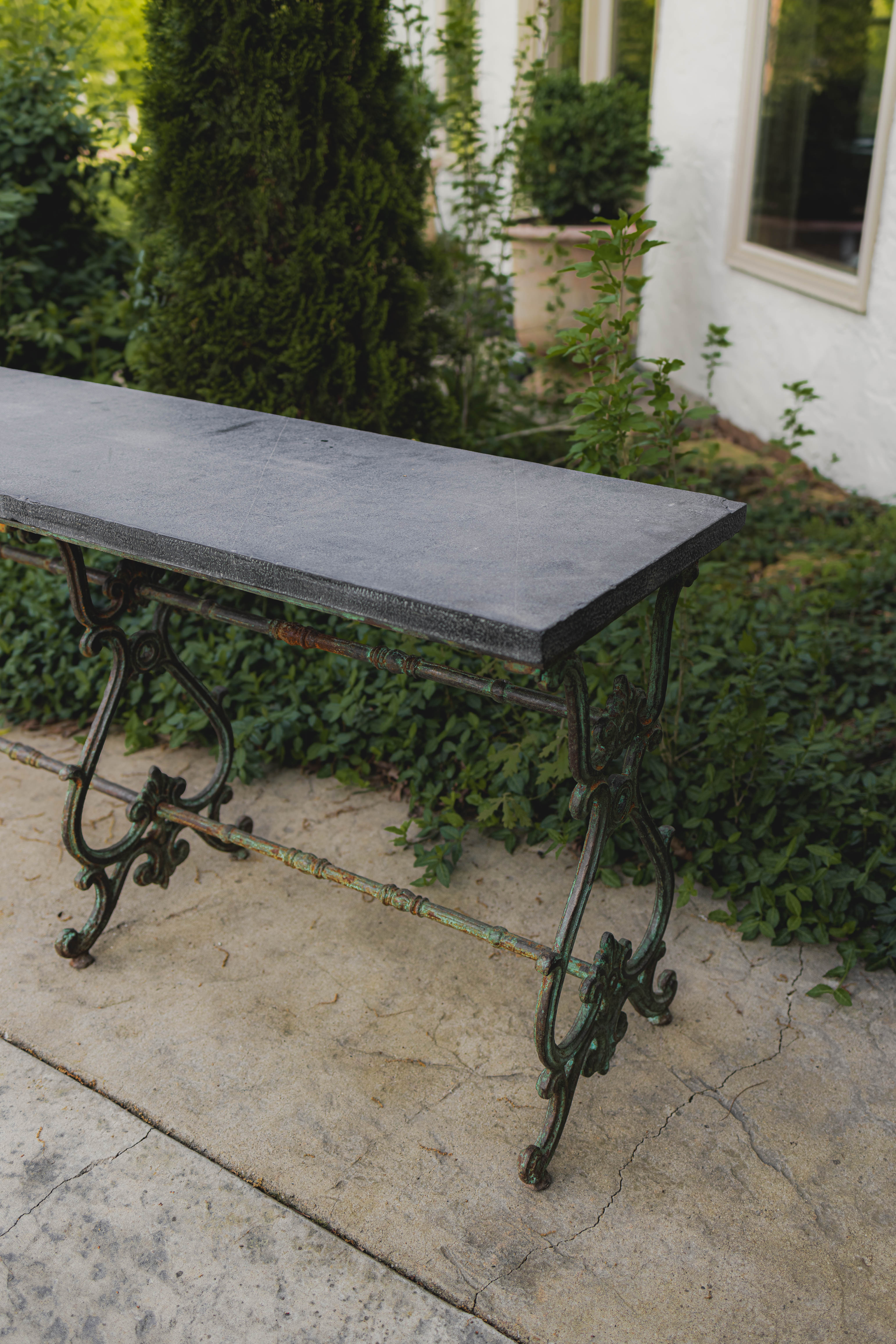 Antique Wrought Iron French Outdoor Console with Blue Stone Top
