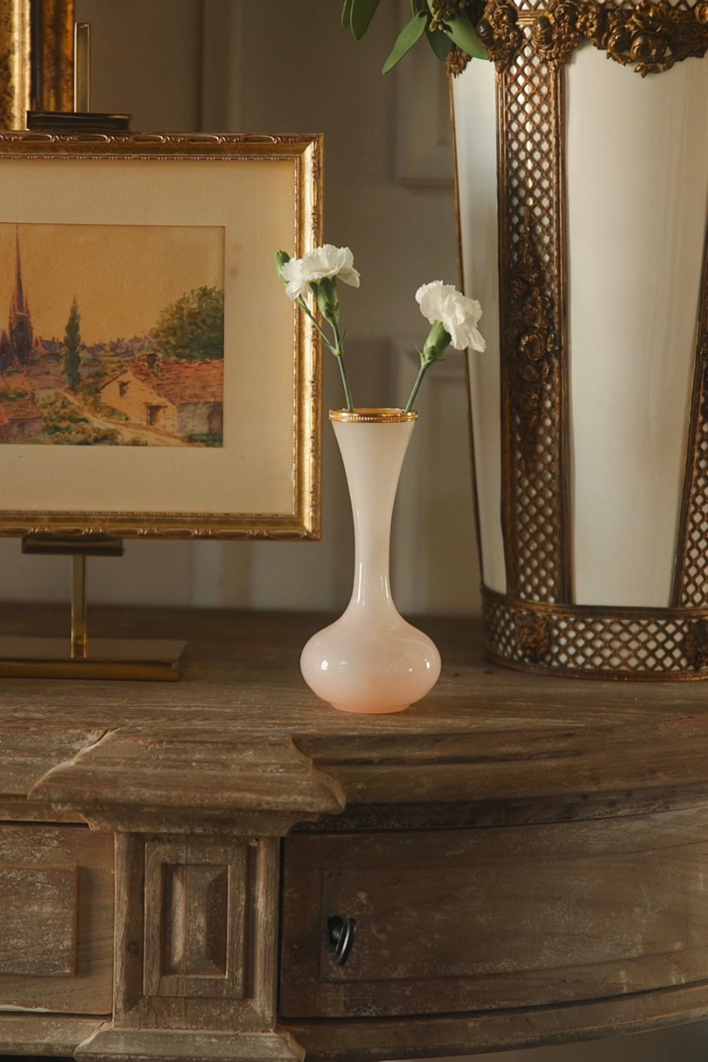 French Opaline Glass Bud Vase with Gilt Rim – Blush