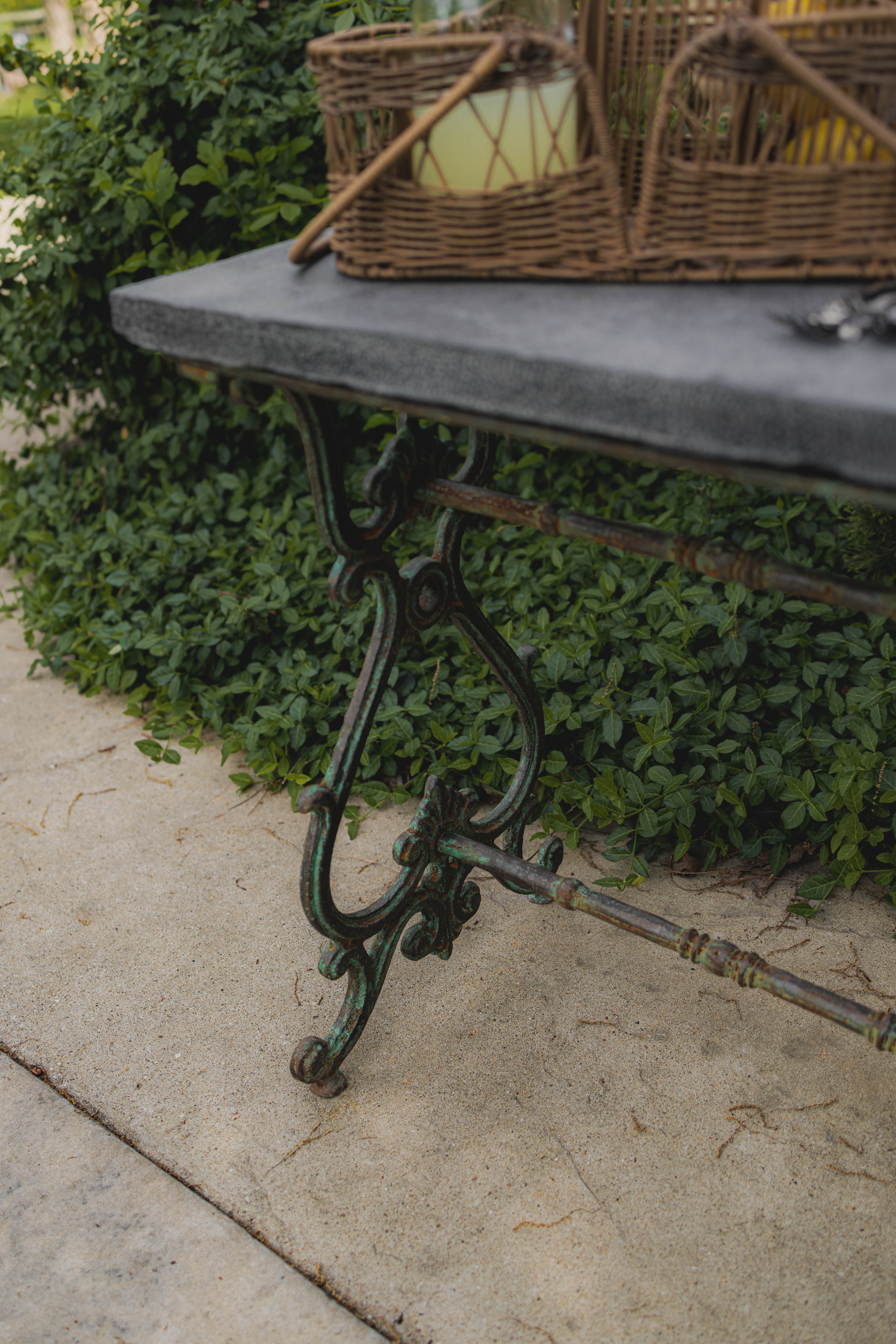 Antique Wrought Iron French Outdoor Console with Blue Stone Top