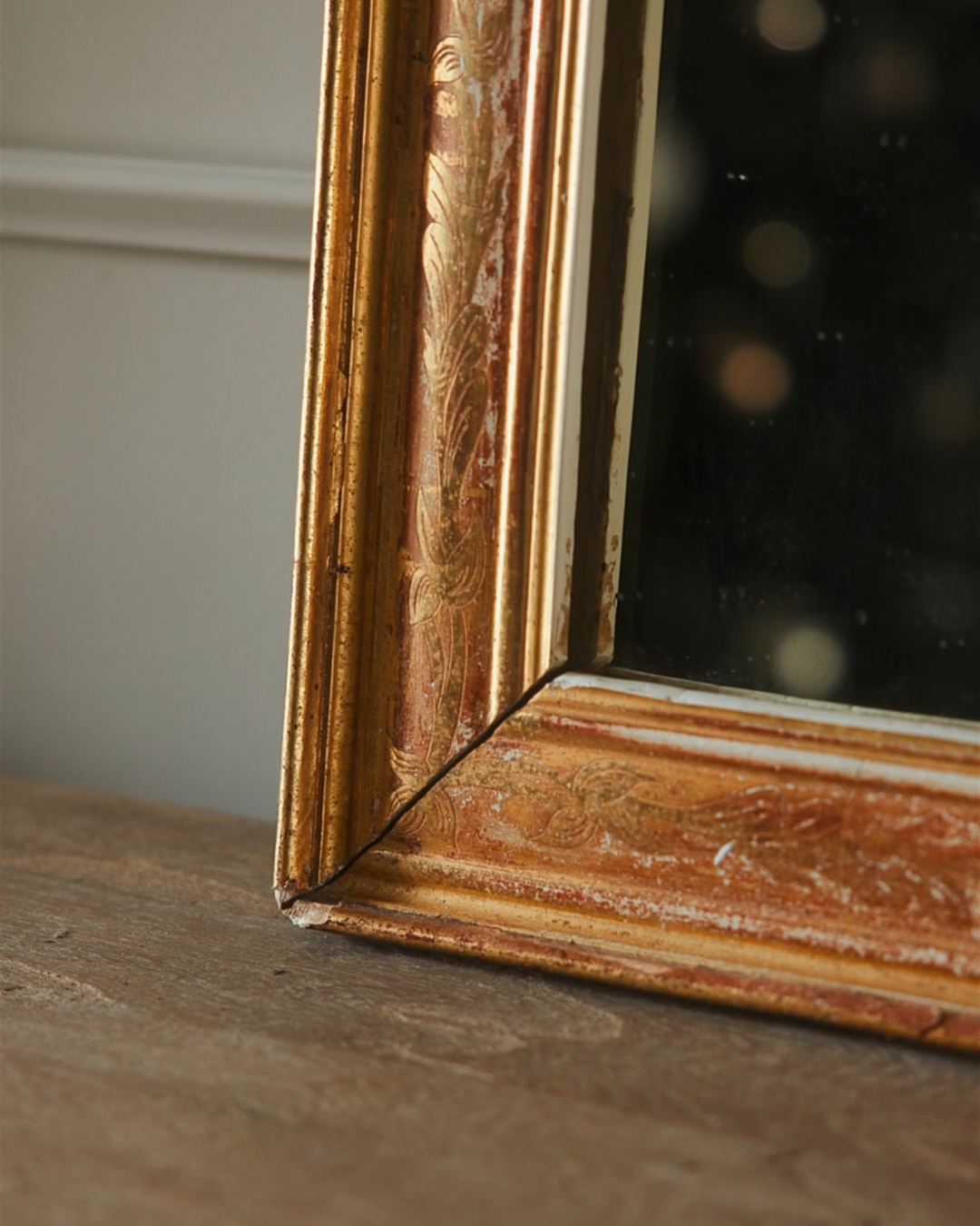 19th Century French Giltwood Mirror with Carved Laurel Motif