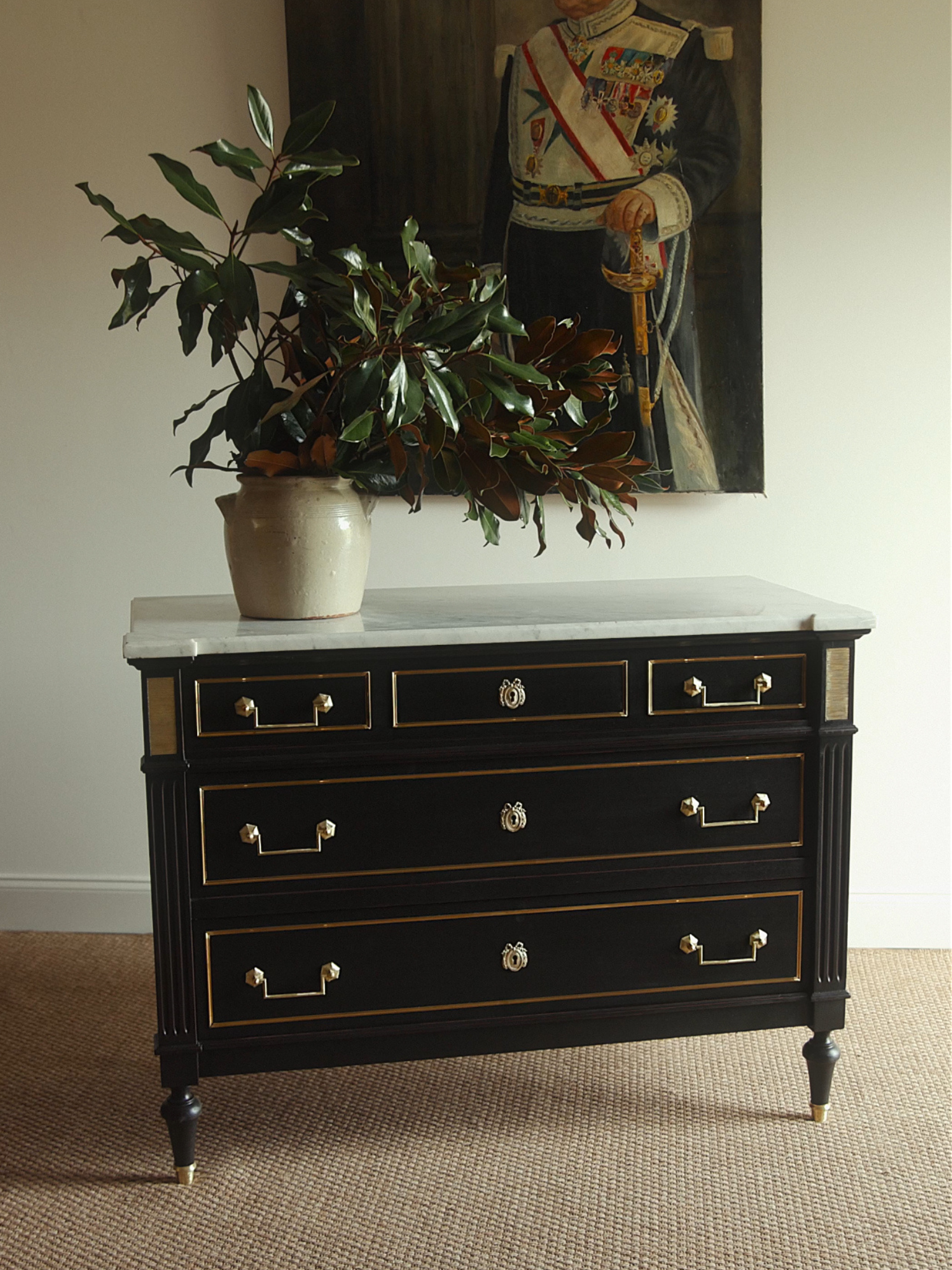Louis XVI Style Black Lacquered Commode with Brass Trim & Carrara Marble Top