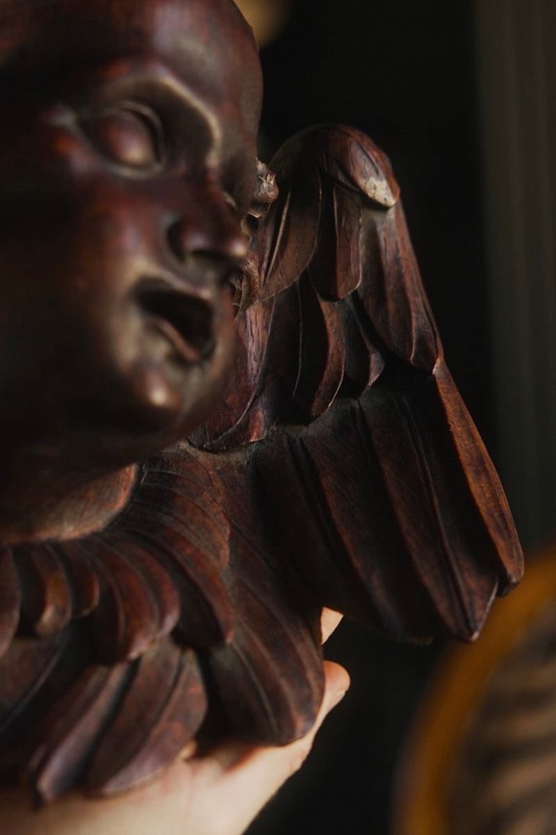 19th-Century French Hand-Carved Walnut Gothic Revival Angel Wall Fragment