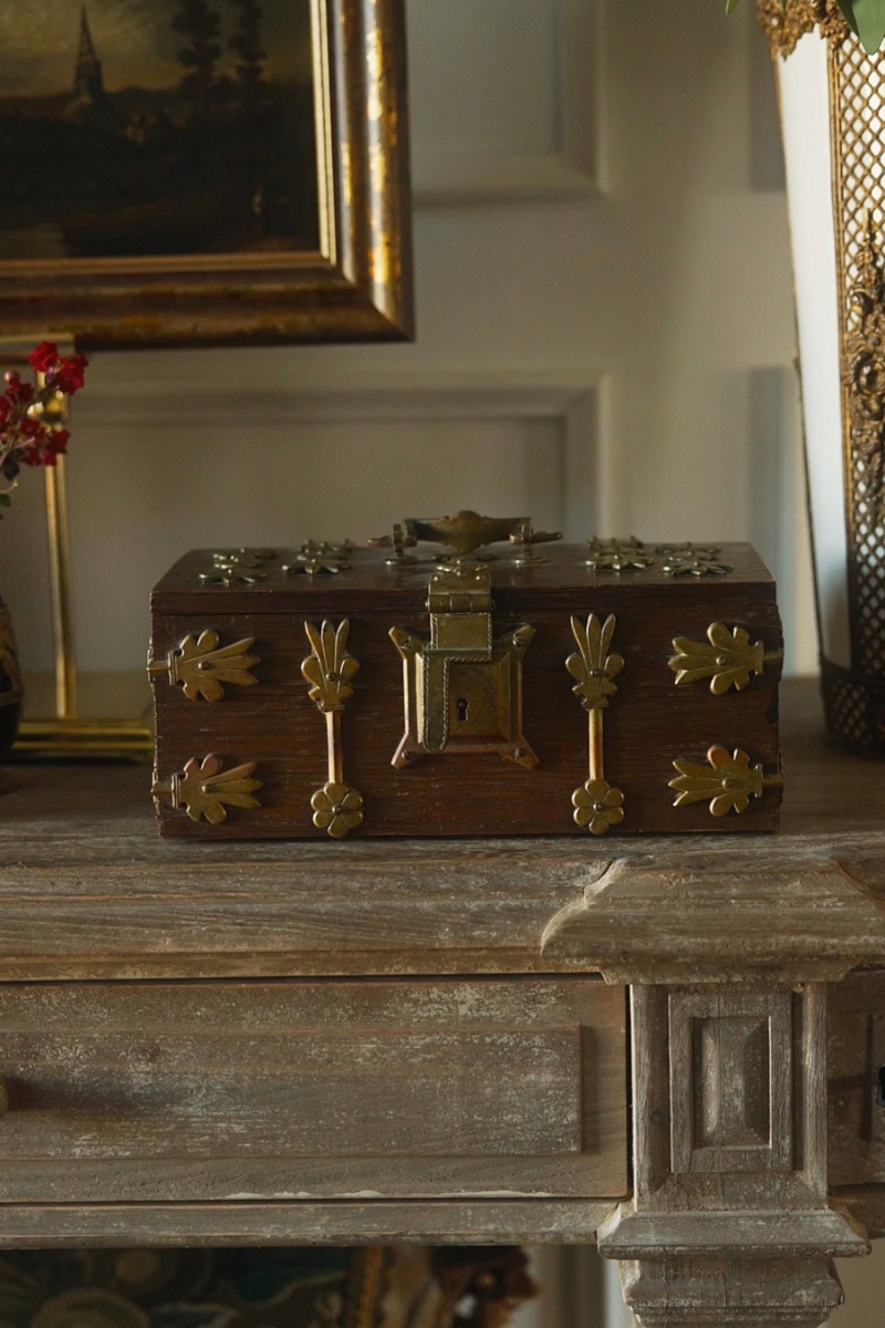 19th-Century Gothic Revival Wood Casket with Ornamental Metalwork