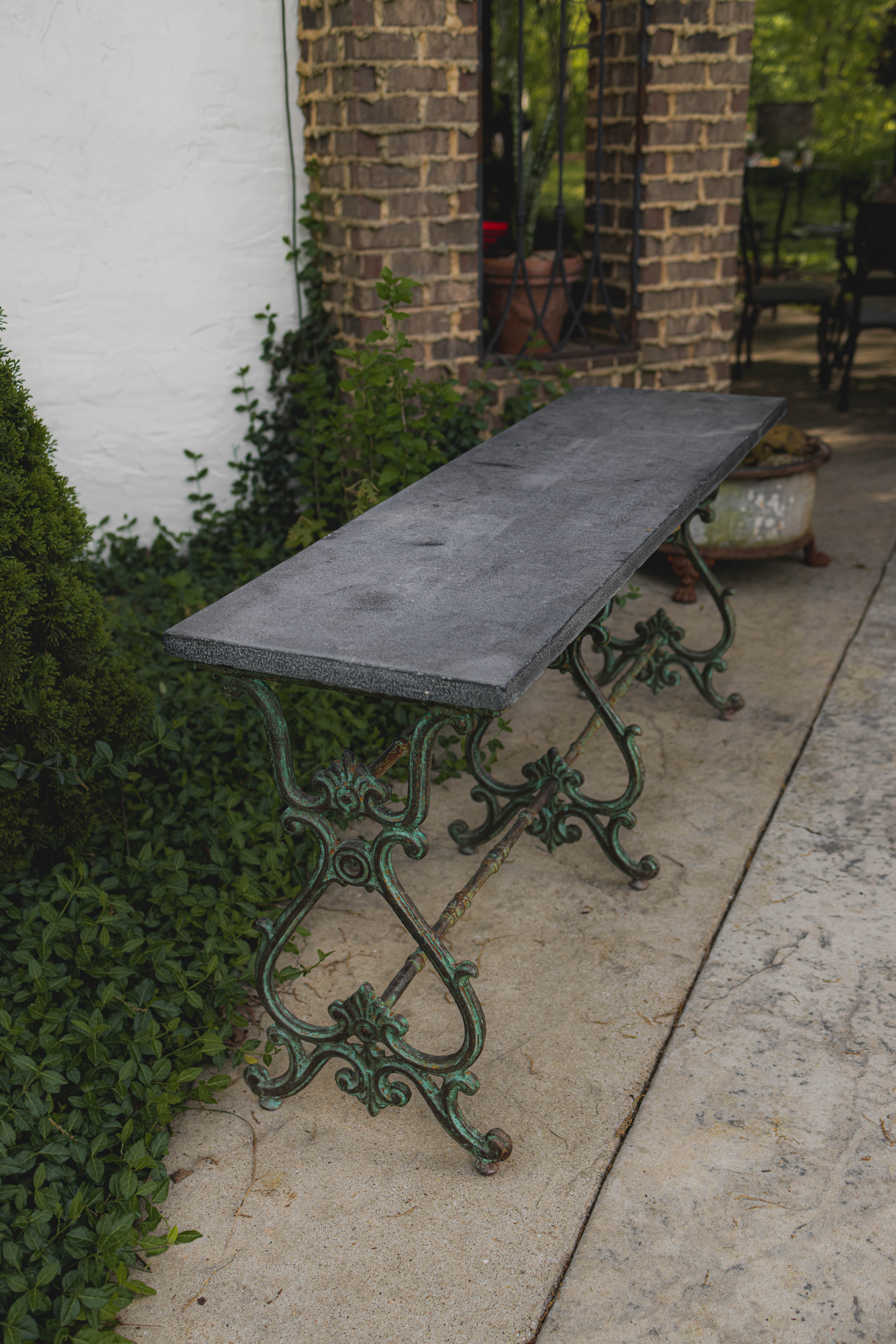 Antique Wrought Iron French Outdoor Console with Blue Stone Top