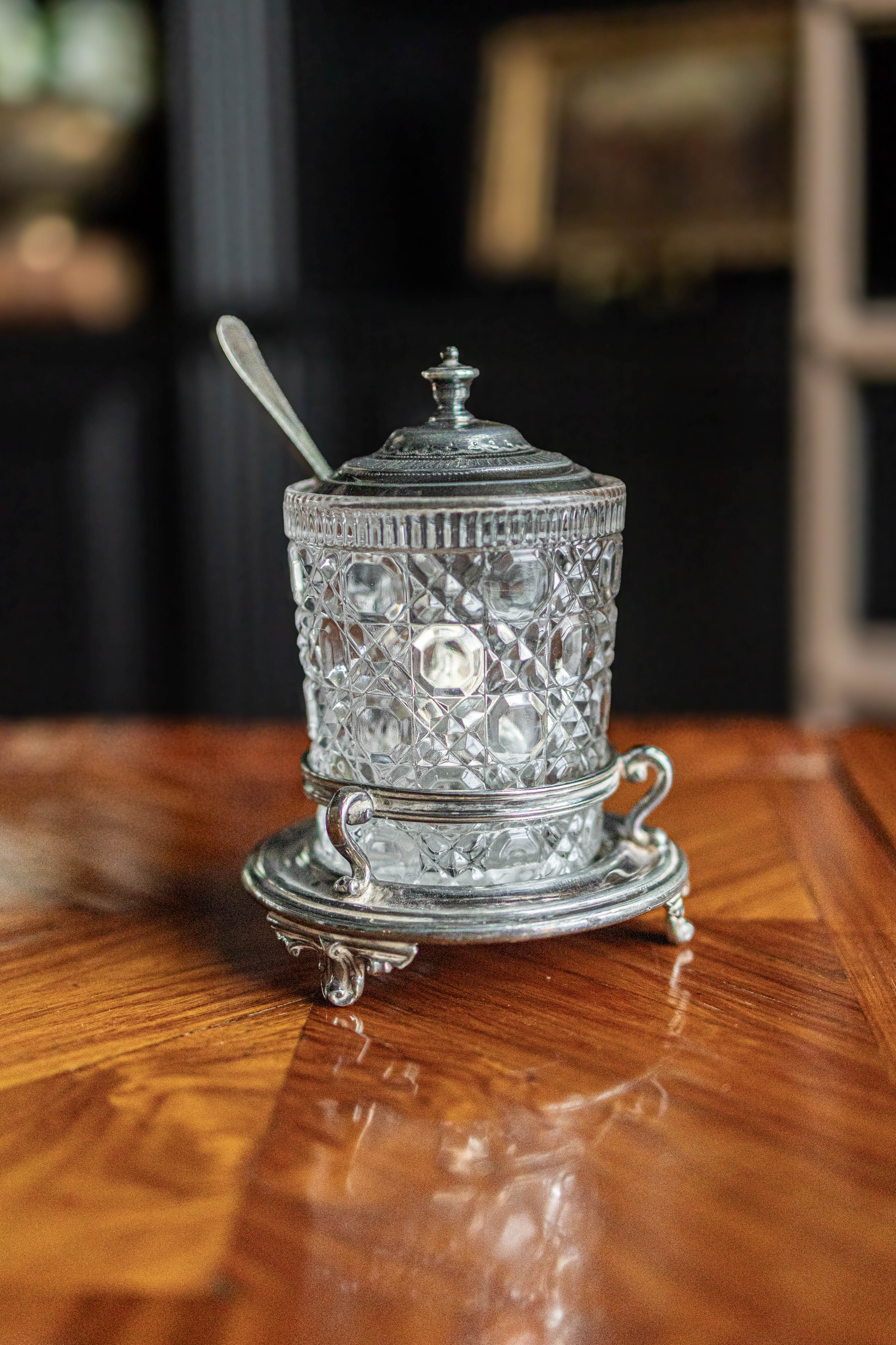 Antique Crystal & Silver Condiment Jar with Spoon