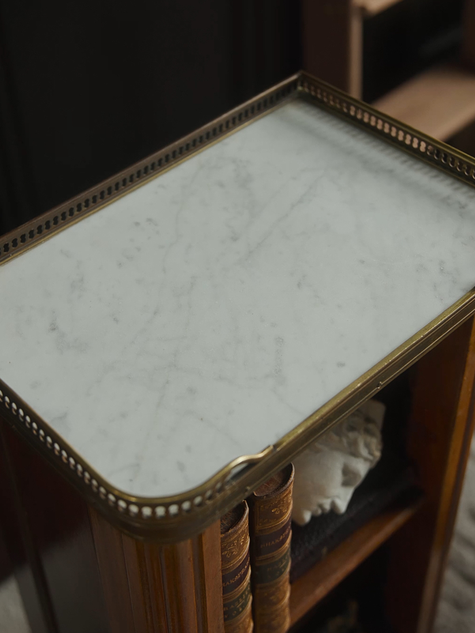 French Marble Top Petite Mahogany Bookcase Table