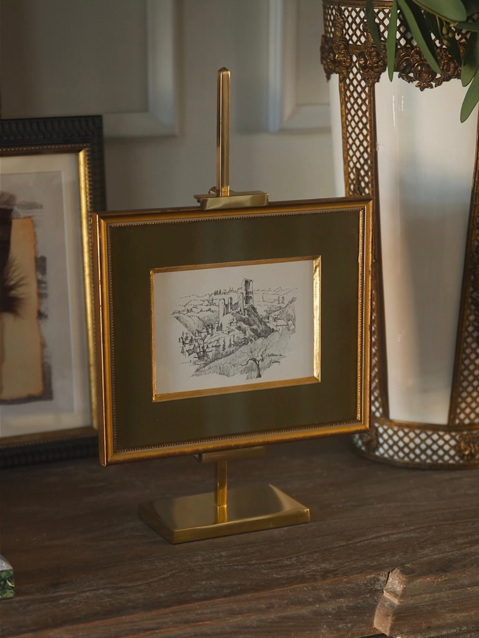 Early 20th-Century French Architectural Ink Drawing of a Medieval Hilltown, in Giltwood Frame