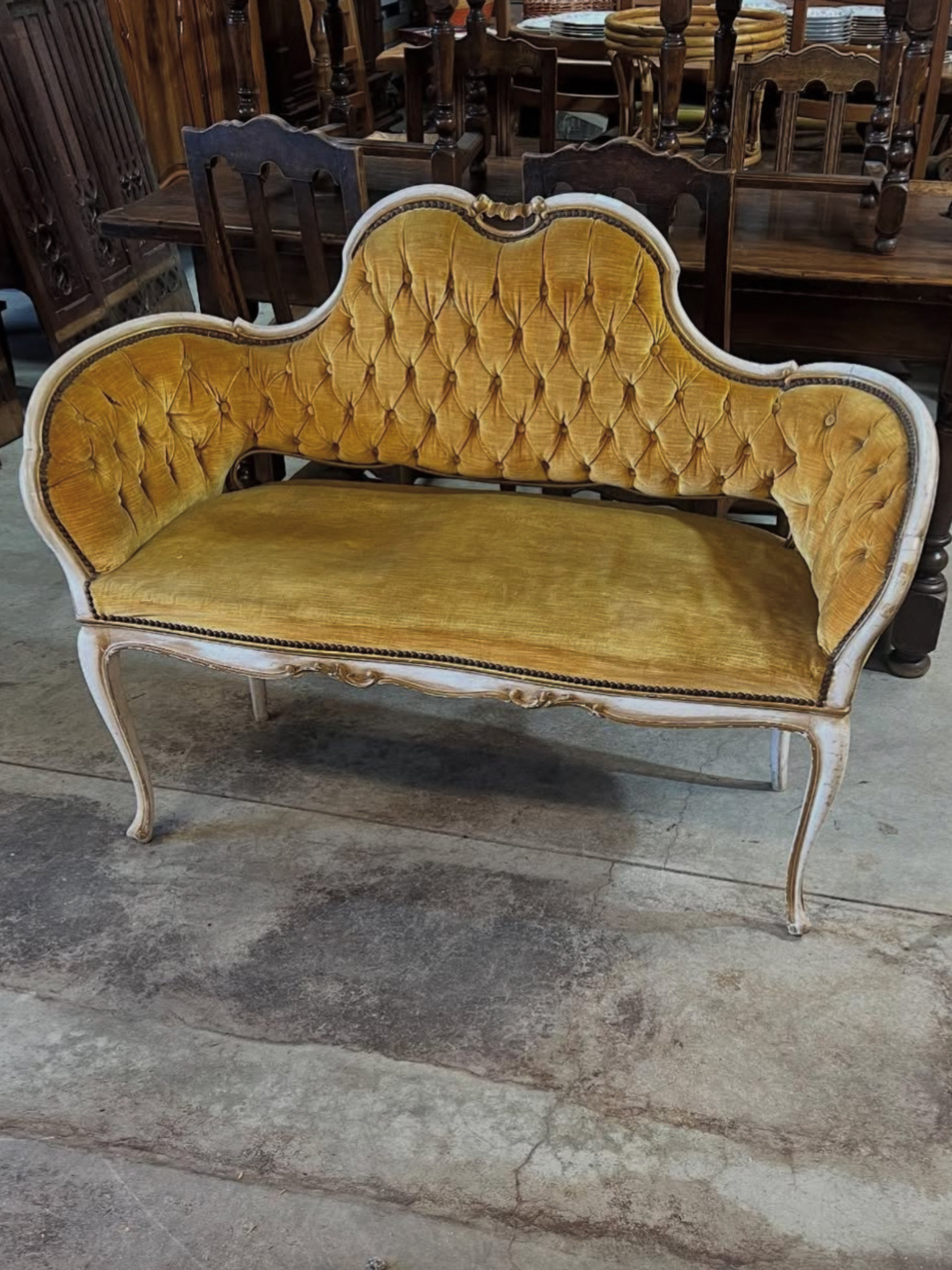 Petite French Settee in Golden Velvet