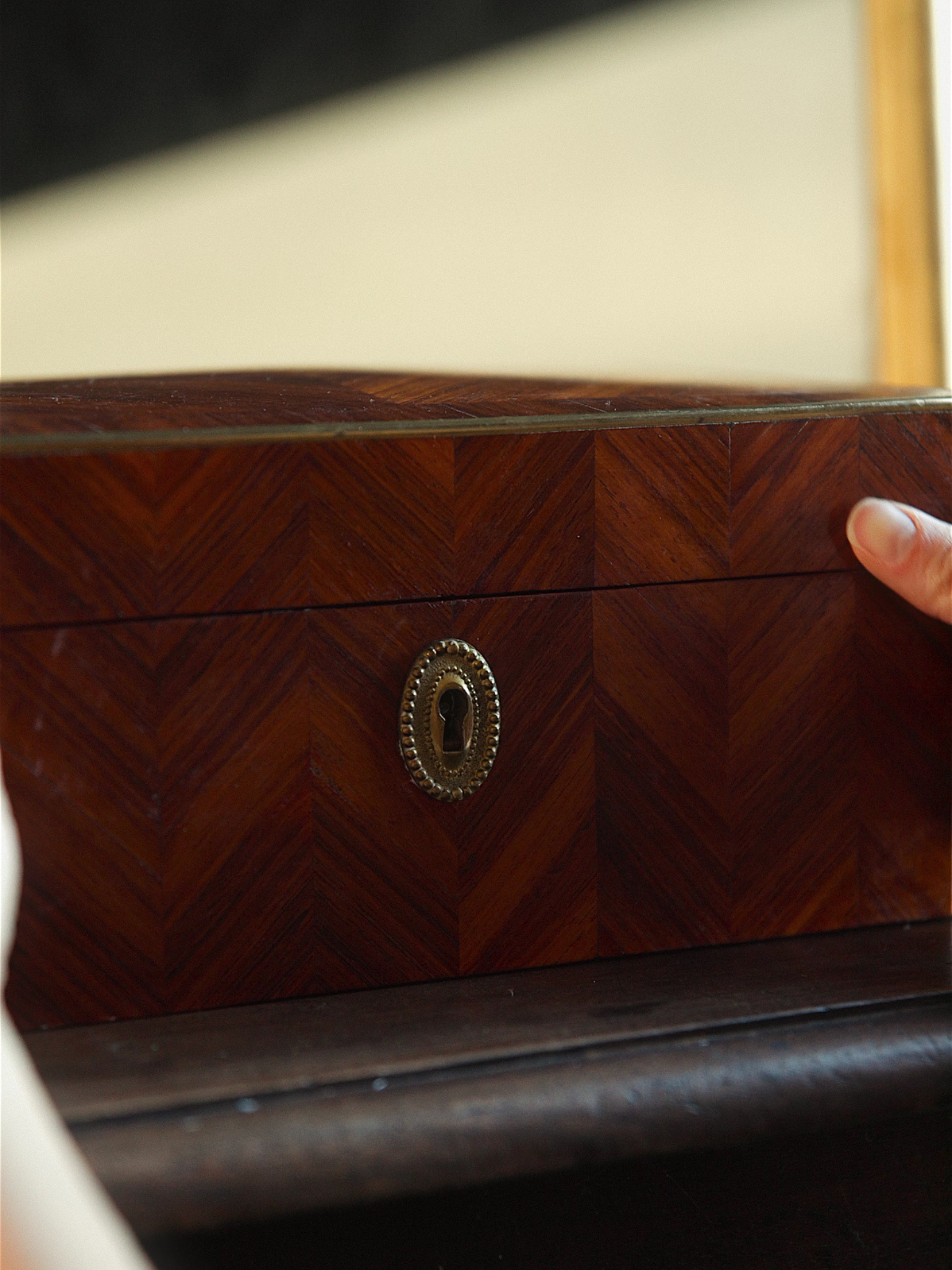 19th-Century French Marquetry Writing Box with Brass Trim & Original Key