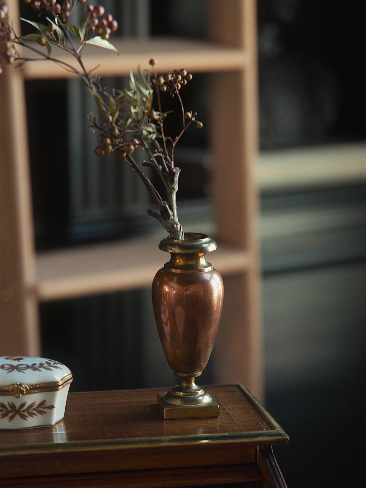 Pair of Late 19th-Century French Copper & Brass Miniature Urn Bud Vases