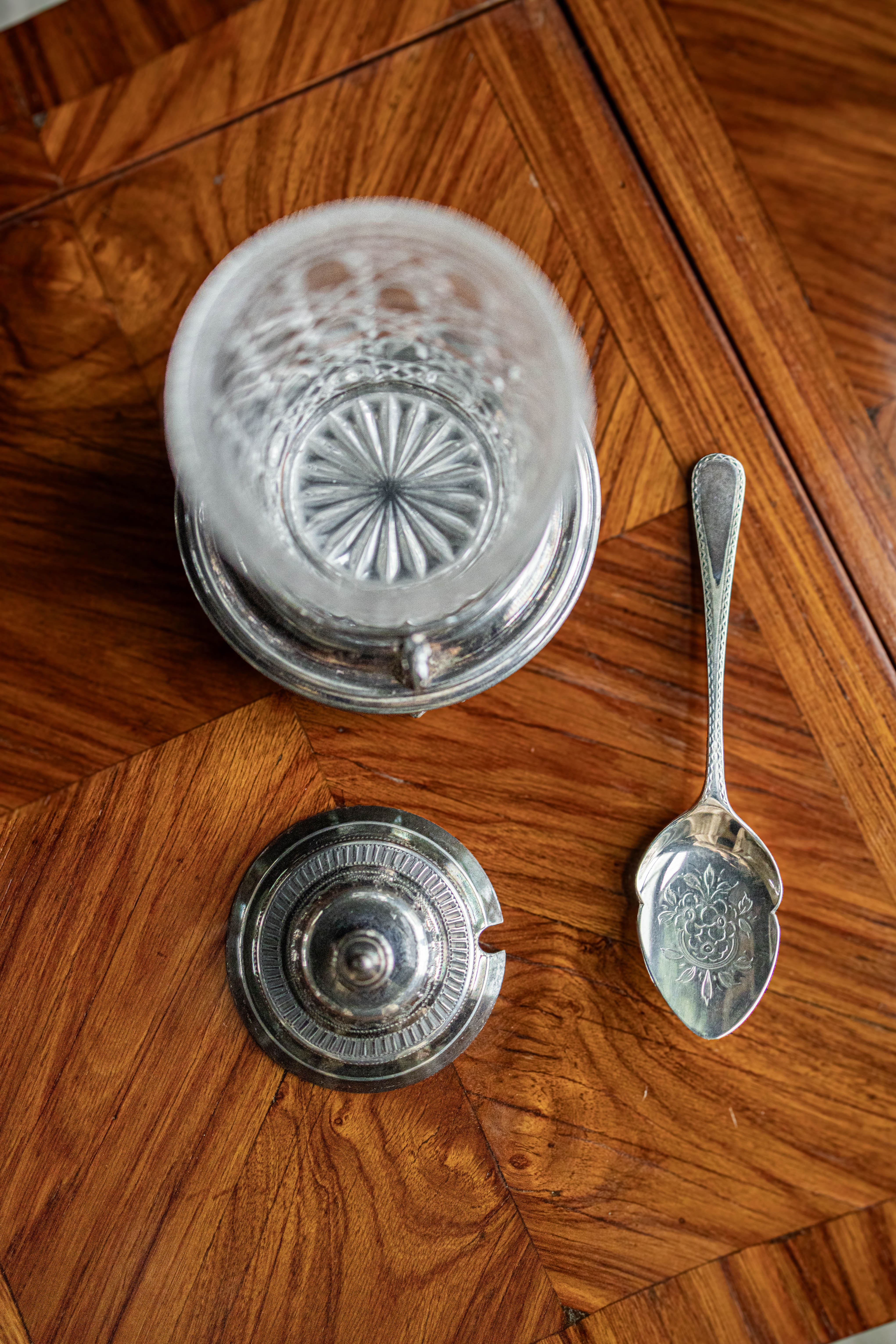 Antique Crystal & Silver Condiment Jar with Spoon