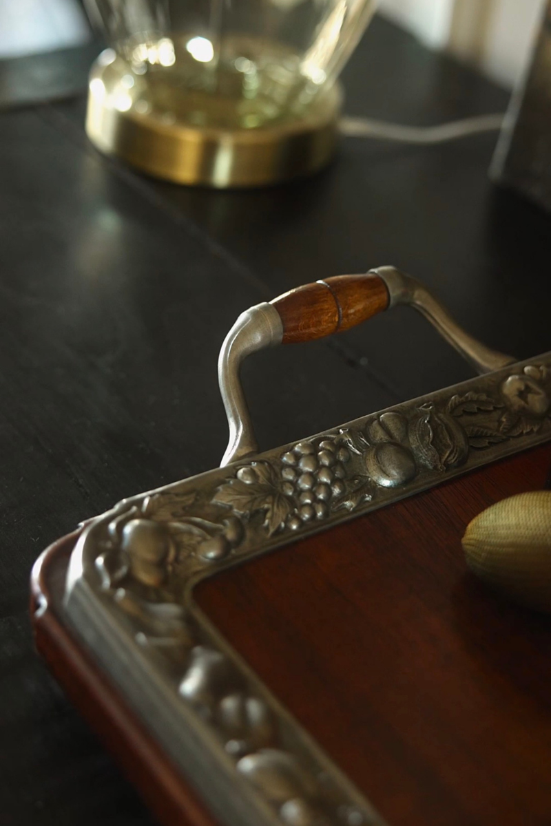 Wood and Silver-Plated Serving Tray with Harvest Border