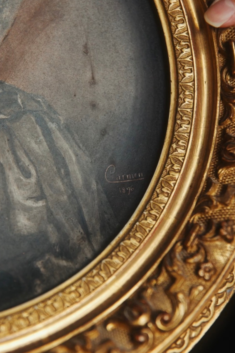 Late 19th Century Continental Hand-Painted Porcelain Portrait Plaque in Gilt Frame