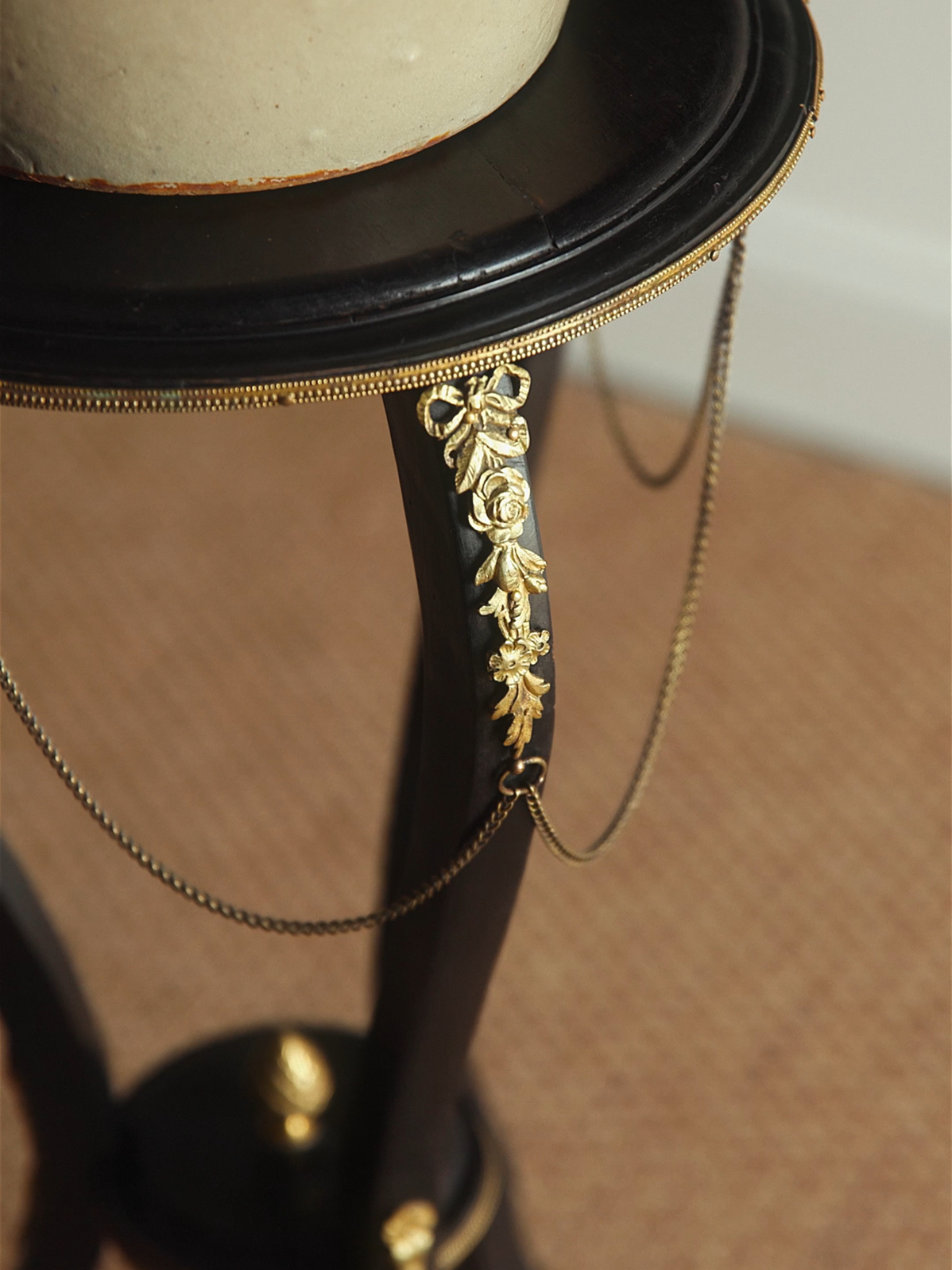 French Empire Revival Ebonized & Ormolu Accent Table with Chain Detail
