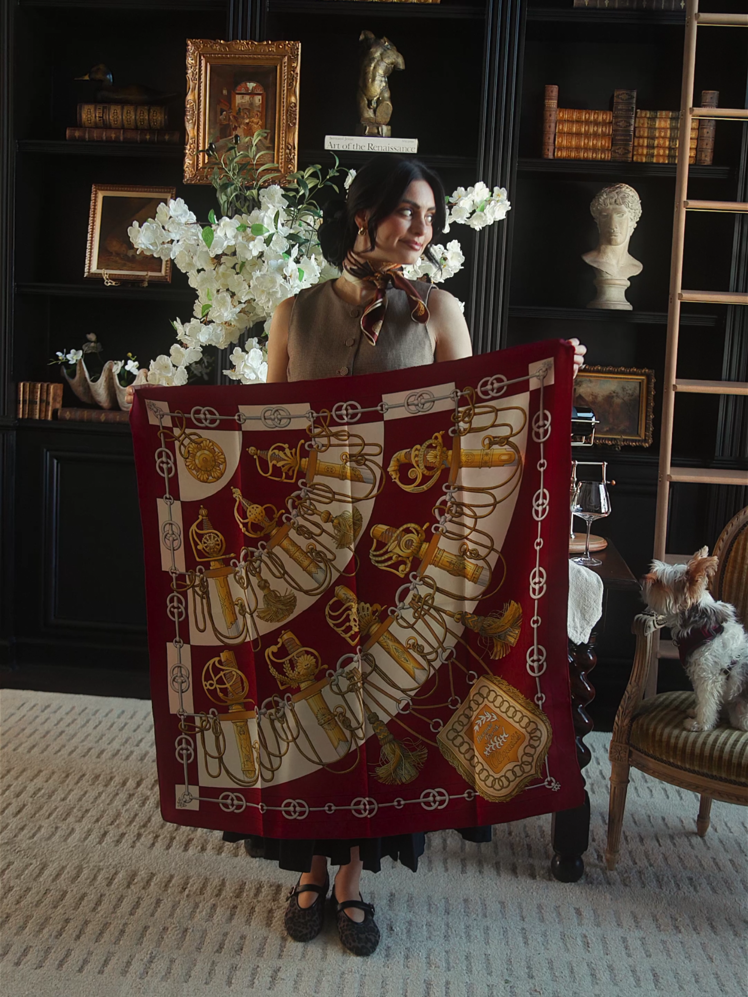 Hermès Silk Scarf — “Équitation” in Gold, Burgundy & Noir
