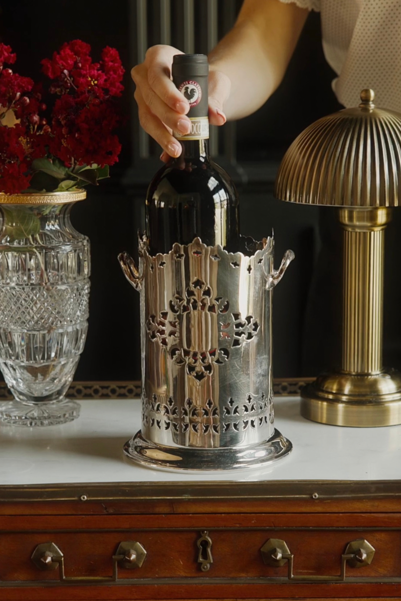 Antique Silver Plate Scalloped Trim Wine Caddy