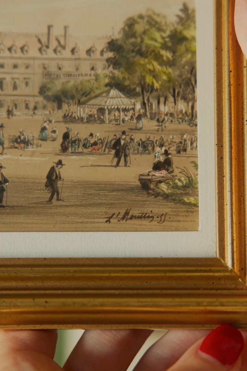 “Vichy & Cusset, 1855” — Set of Three French Spa-Town Views Bearing the Signature of Louis Moullin, with Thermal Architecture, Garden Promenades & Period Figures, in Matching Gold-Finished Frames