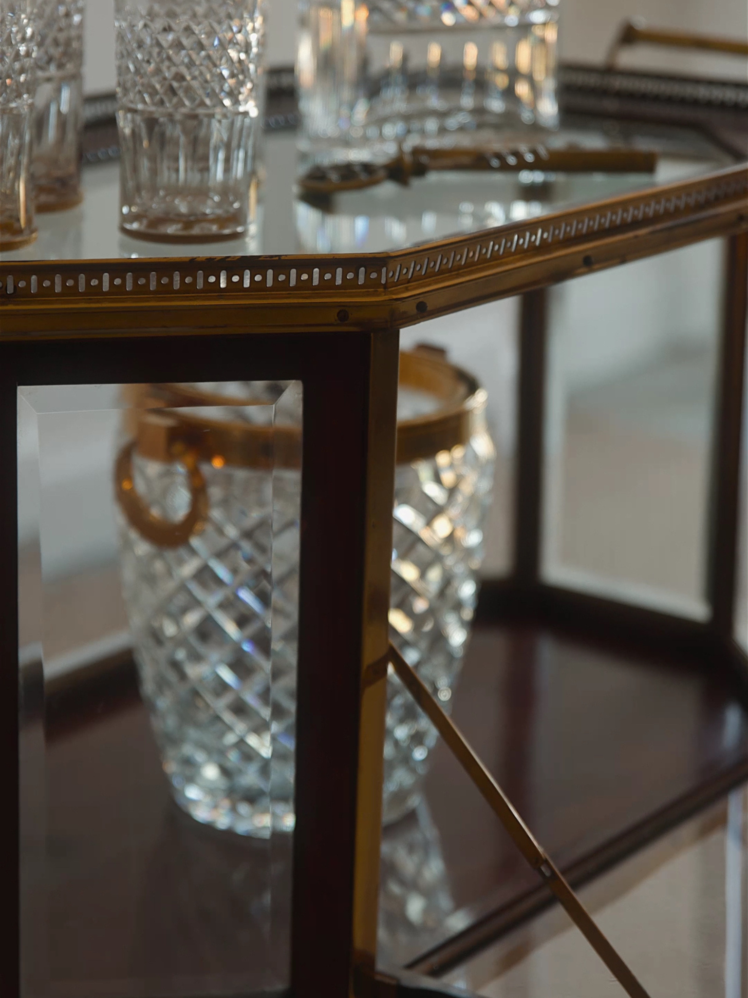 Antique Brass & Mahogany Bar Cart with Glass Display Panels