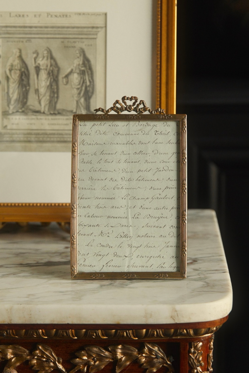 Large Mid-20th Century French Ornate Brass Picture Frame with Ribbon Crest Detail-