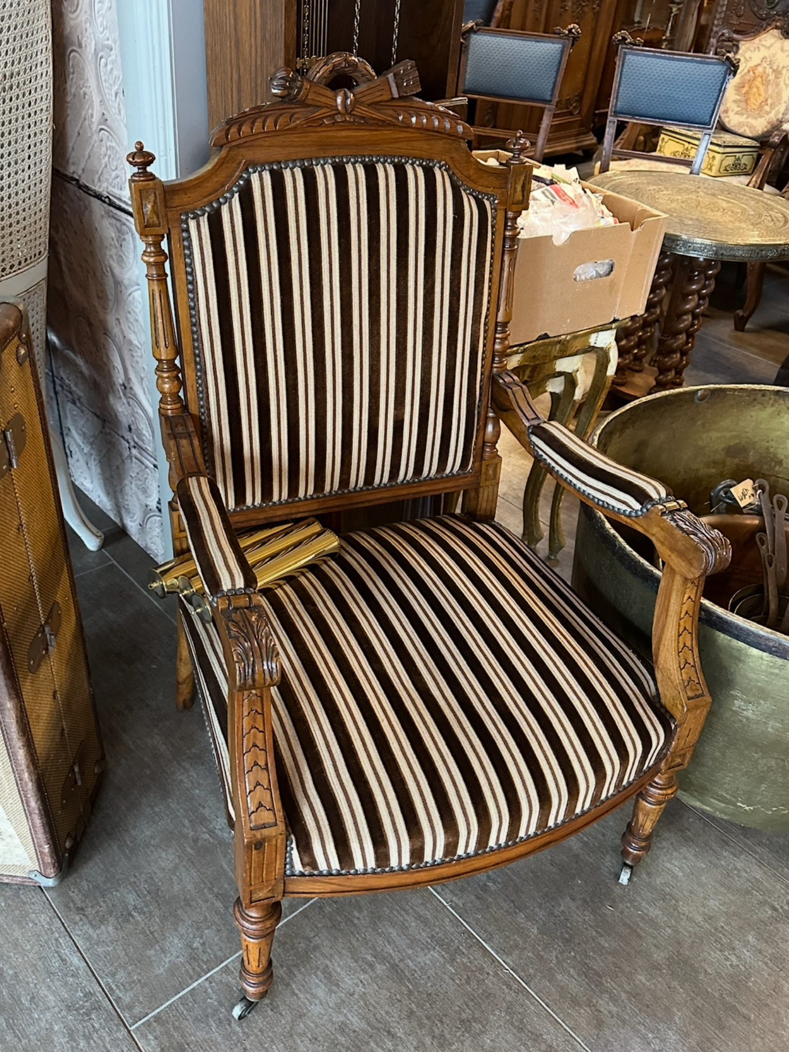 French Carved Armchair with Striped Velvet Upholstery
