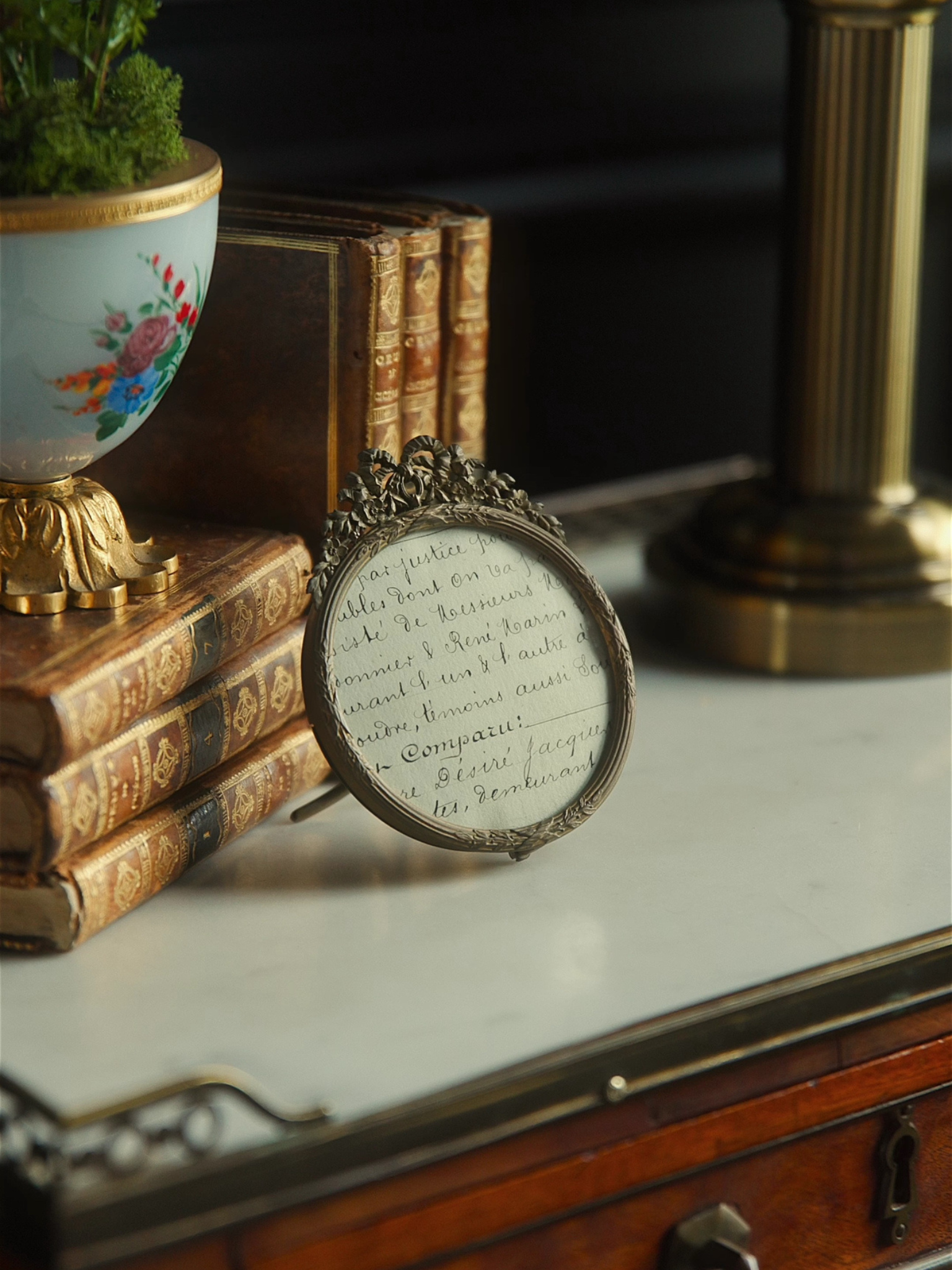 Ornate 19th Century Bronze Round Frame with Script