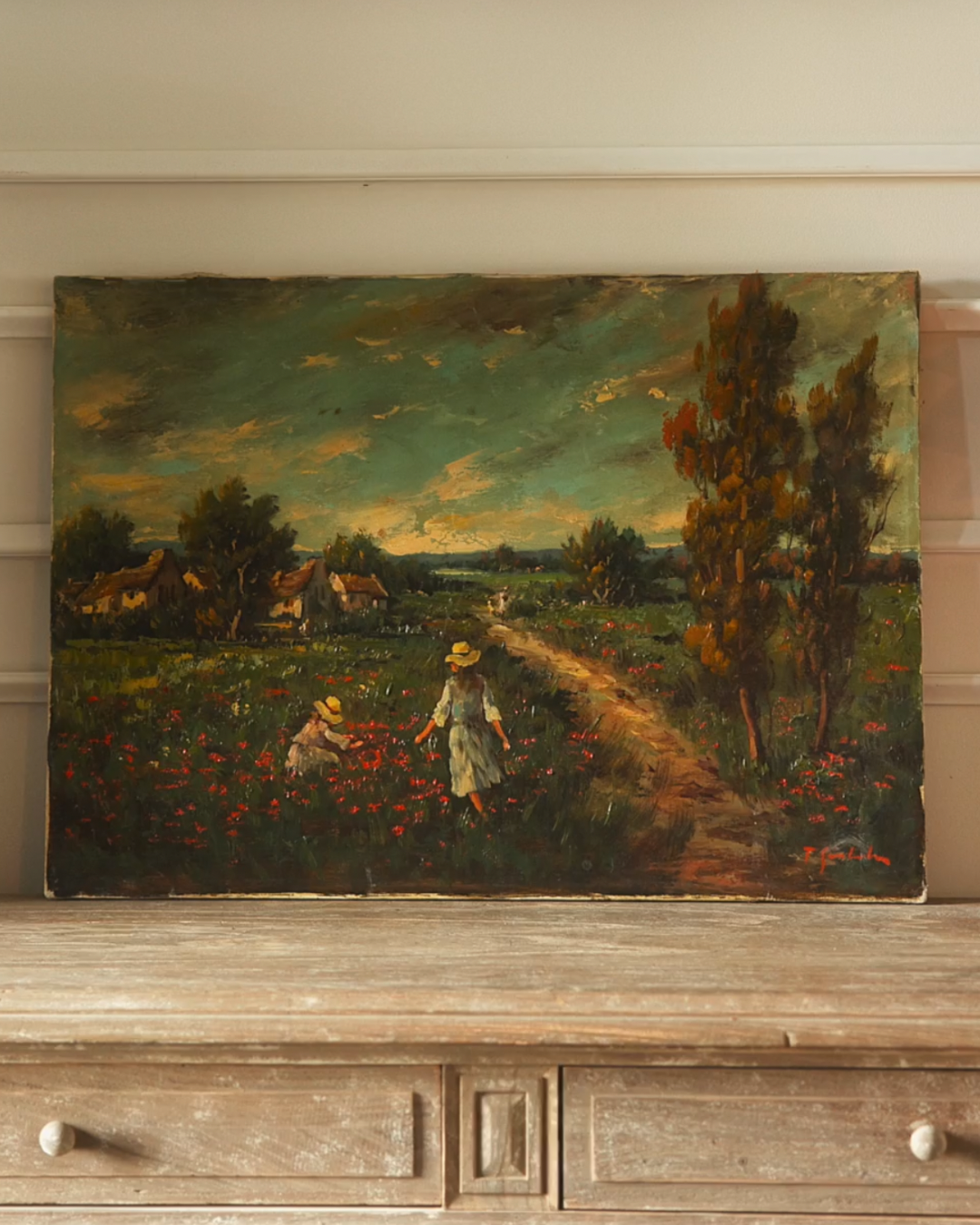 Impressionist Landscape with Figures Oil on Canvas — Early 20th Century, France