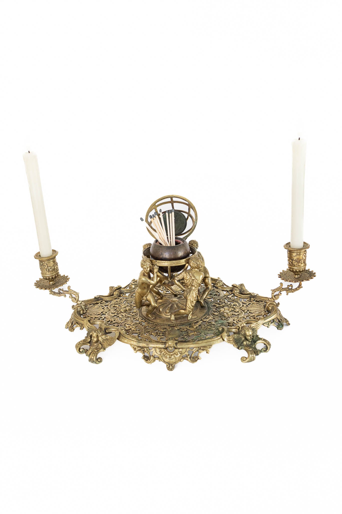 19th Century Gilded Globe Inkwell with Dual Candle Holders