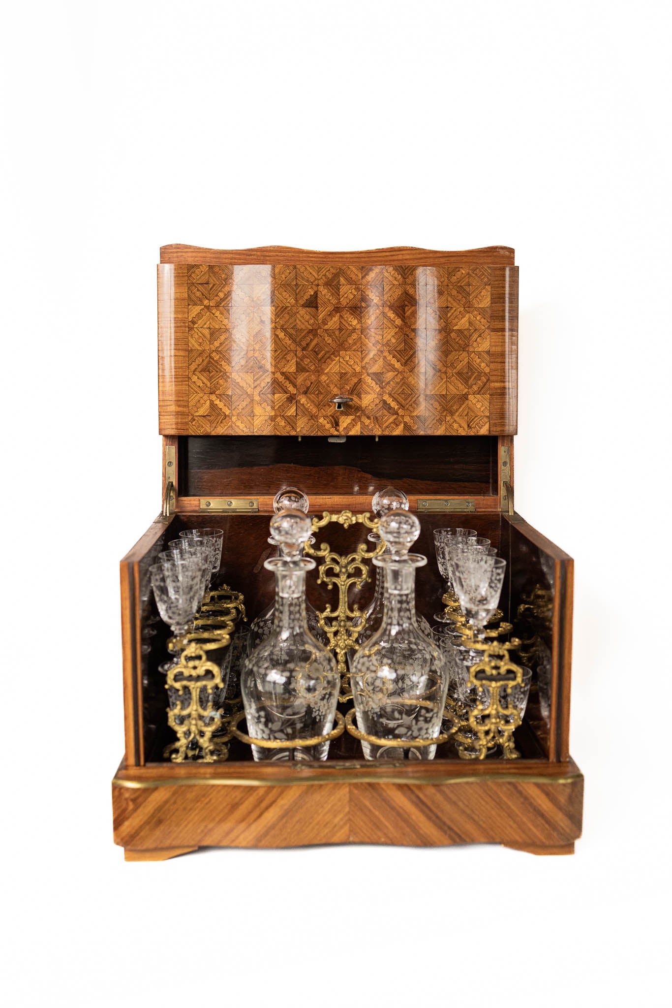 19th Century French Napoleon III Marquetry Tantalus Box with Etched Crystal Decanters