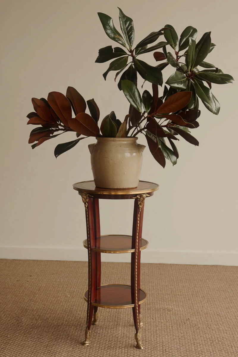 Antique French Empire–Style Mahogany Gueridon Side Table with Gilt-Bronze Ram Head Mounts