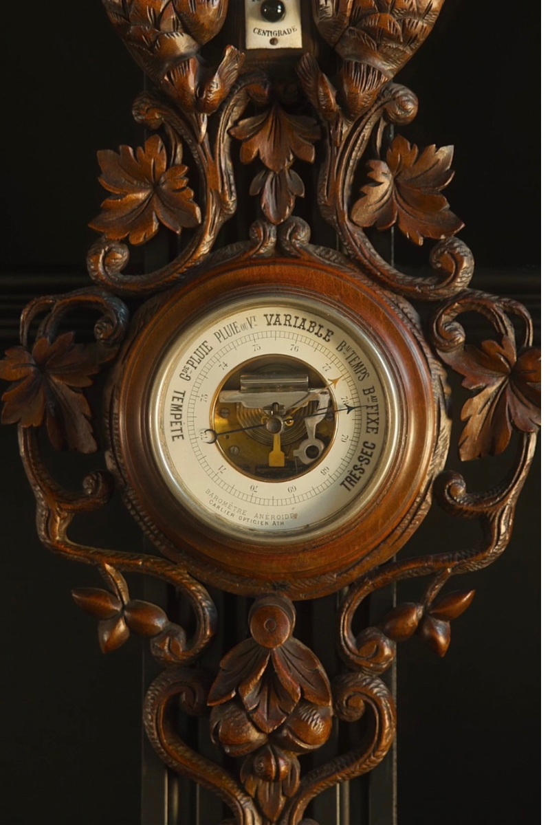 19th C. Black Forrest Carved Hunt Barometer & Thermometer