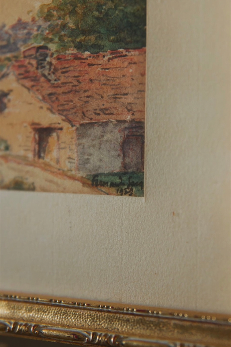 Signed European Watercolor of Village Church Landscape