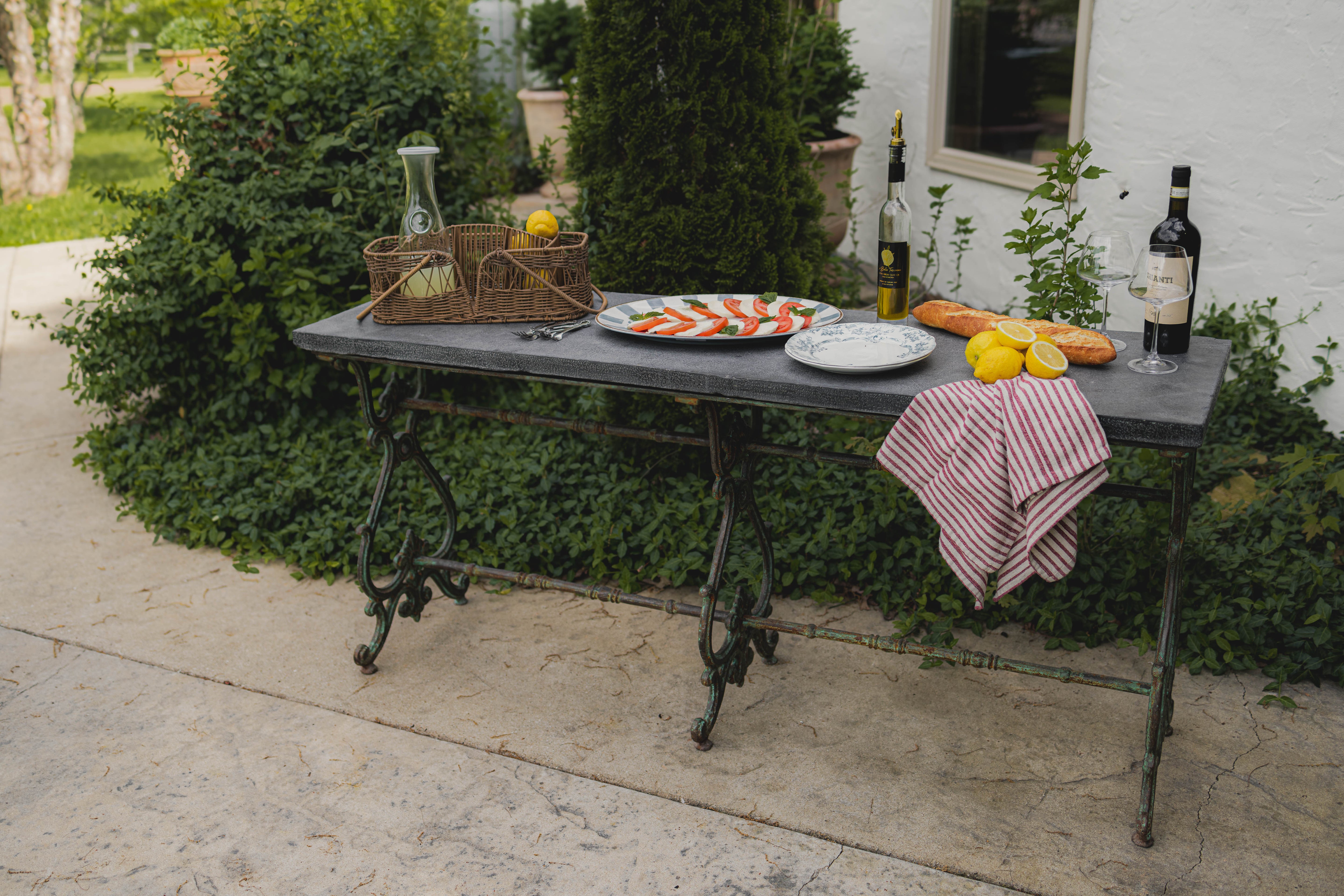 Antique Wrought Iron French Outdoor Console with Blue Stone Top