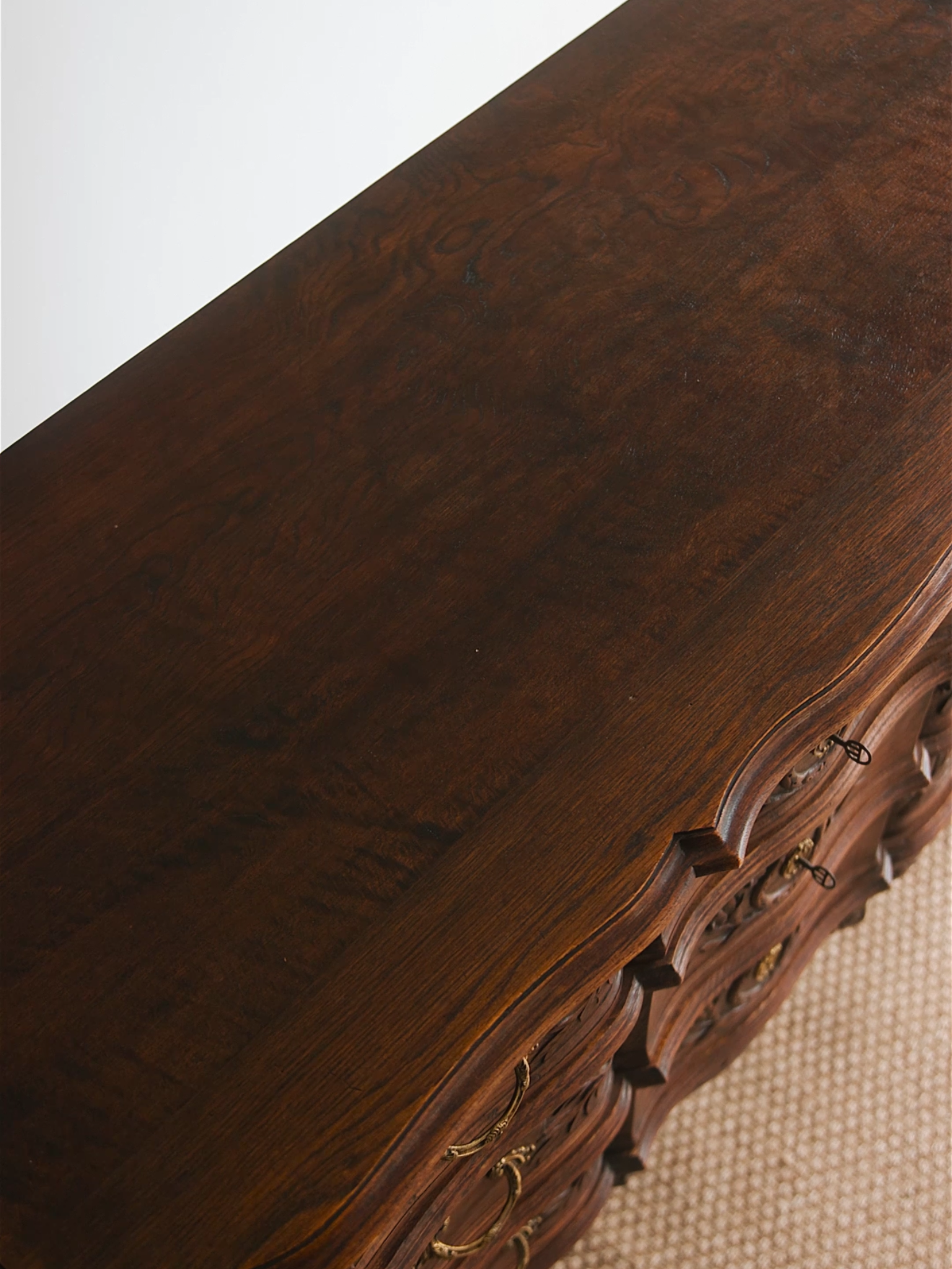 French Louis XV–Style Carved Oak Commode With Ormolu Mounts