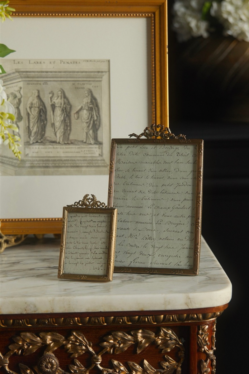 Small Mid-20th Century French Ornate Brass Picture Frame with Ribbon Crest Detail
