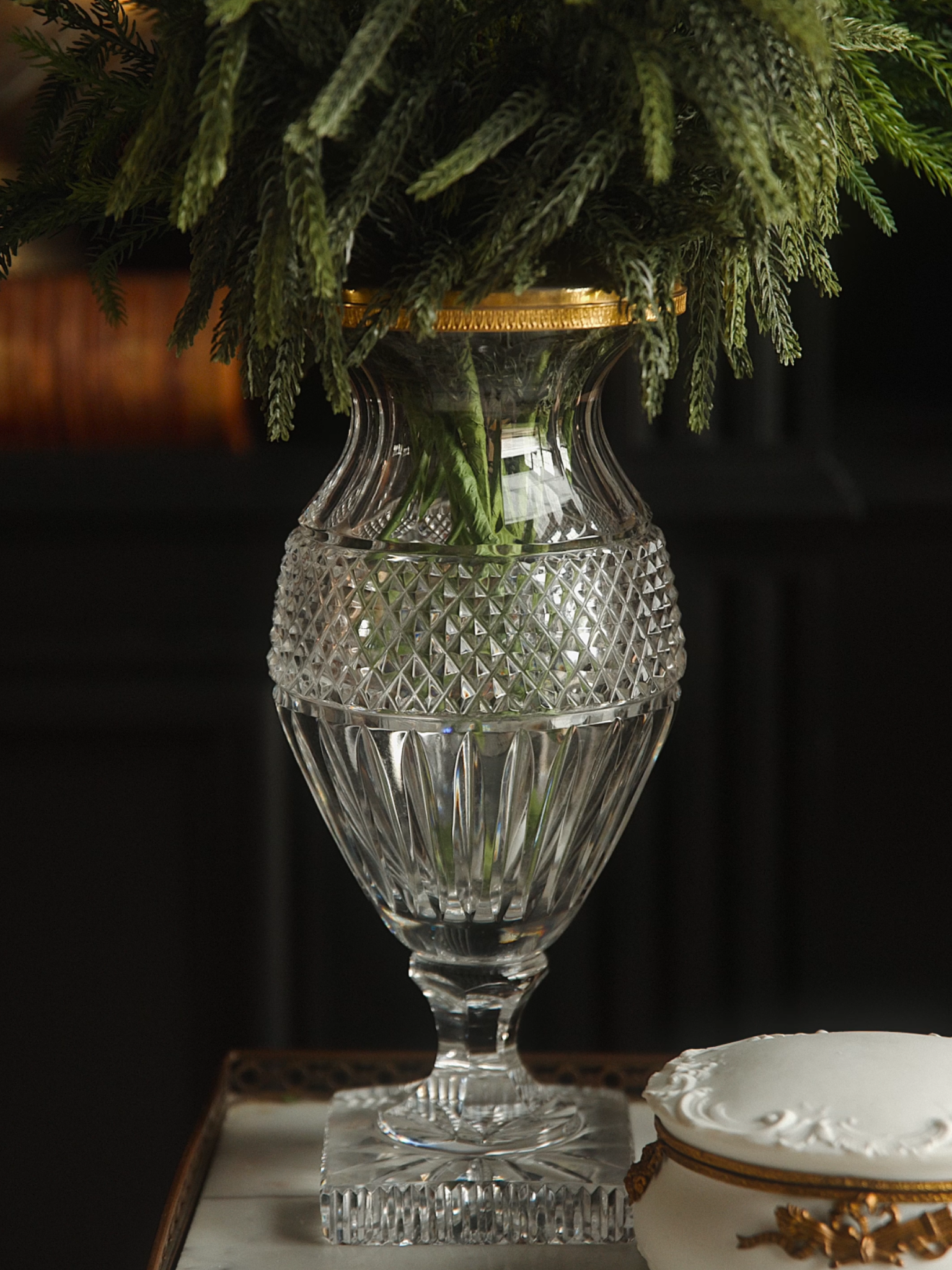 Large French Cut Crystal Vase with Gilt Trim