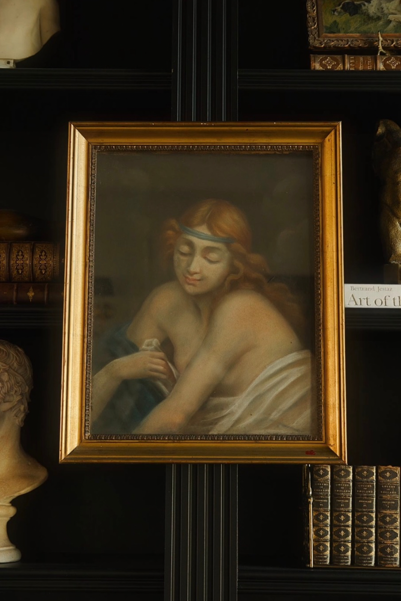 19th C. Oil on Canvas Portrait of Young Woman in Giltwood Frame with Protective Glass