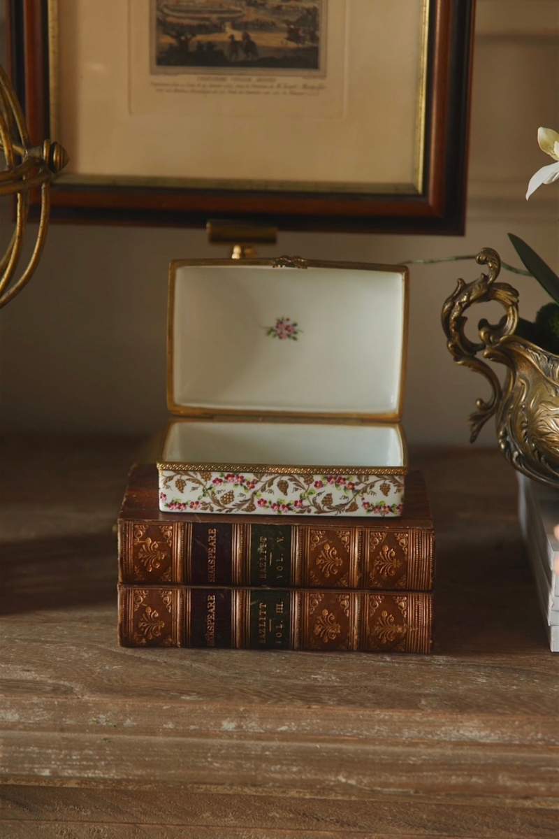 Hand-Painted French Limoges Porcelain Trinket Box with Original Retail Label - Handwritten Inscription