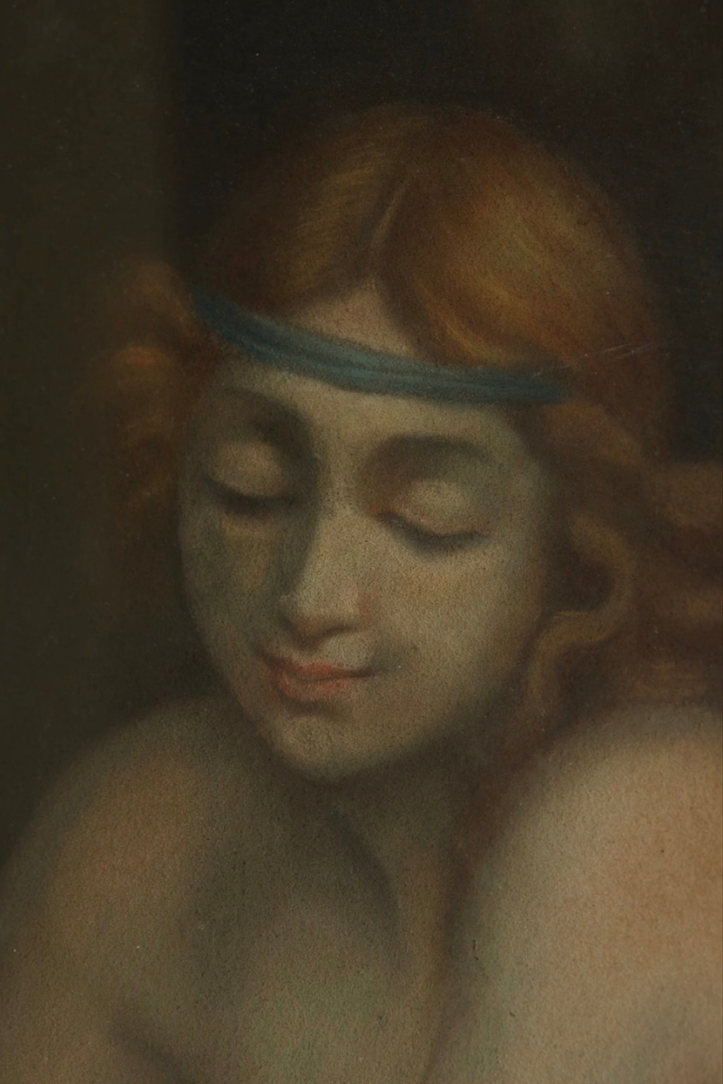 19th C. Oil on Canvas Portrait of Young Woman in Giltwood Frame with Protective Glass