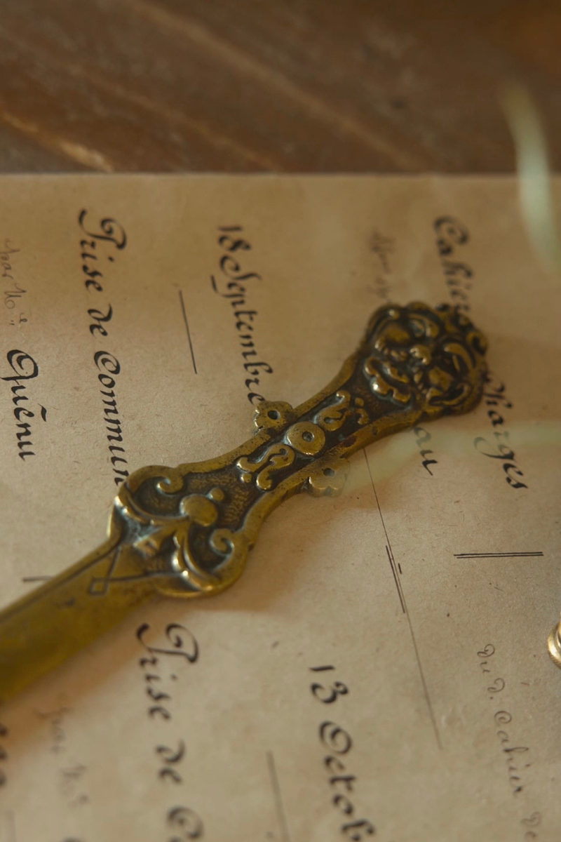 Circa 1900 Brass Letter Opener with Renaissance Revival Ornament