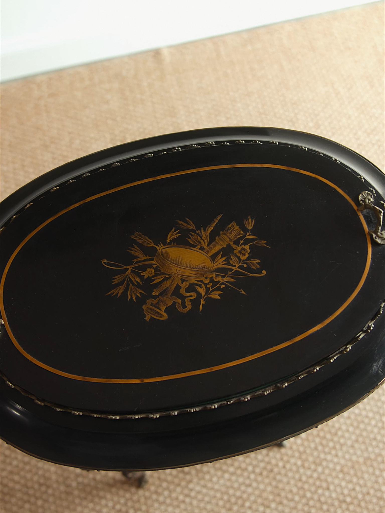 French Napoleon III Ebonized & Gilt Bronze Marquetry Jardinière Table with Original Green Liner