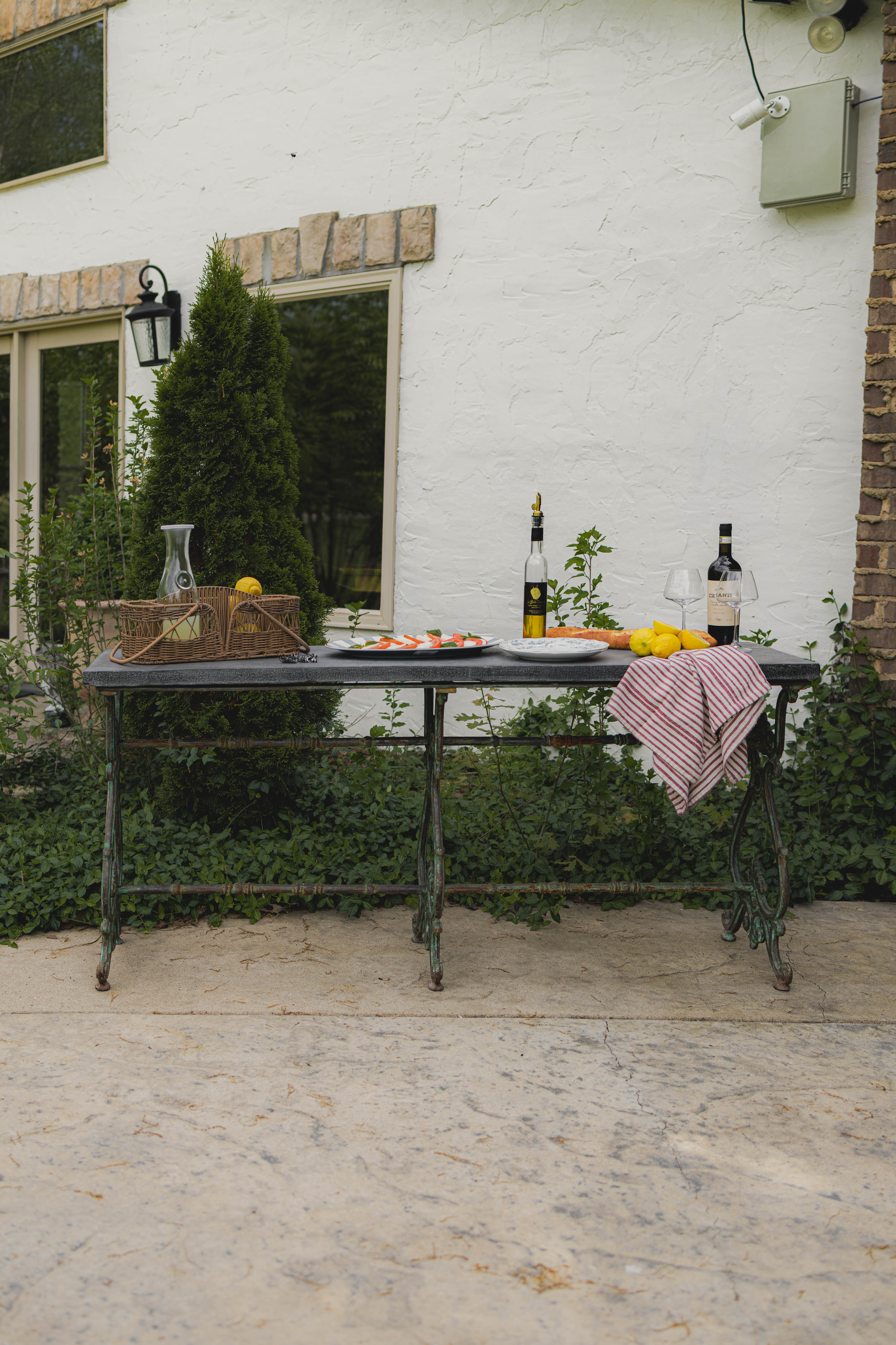 Antique Wrought Iron French Outdoor Console with Blue Stone Top
