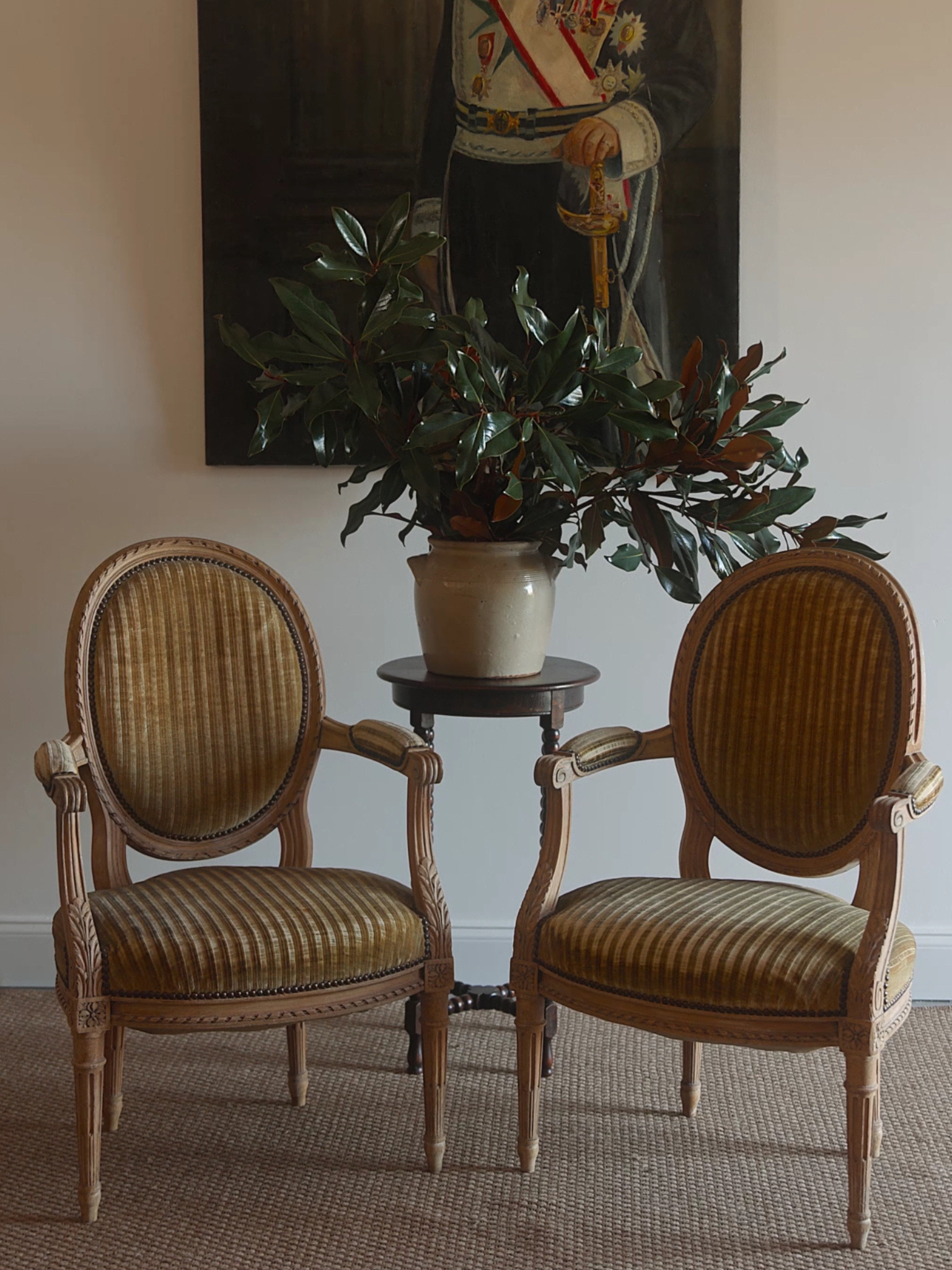 Pair of Louis XVI Revival Armchairs in Striped Velvet Upholstery
