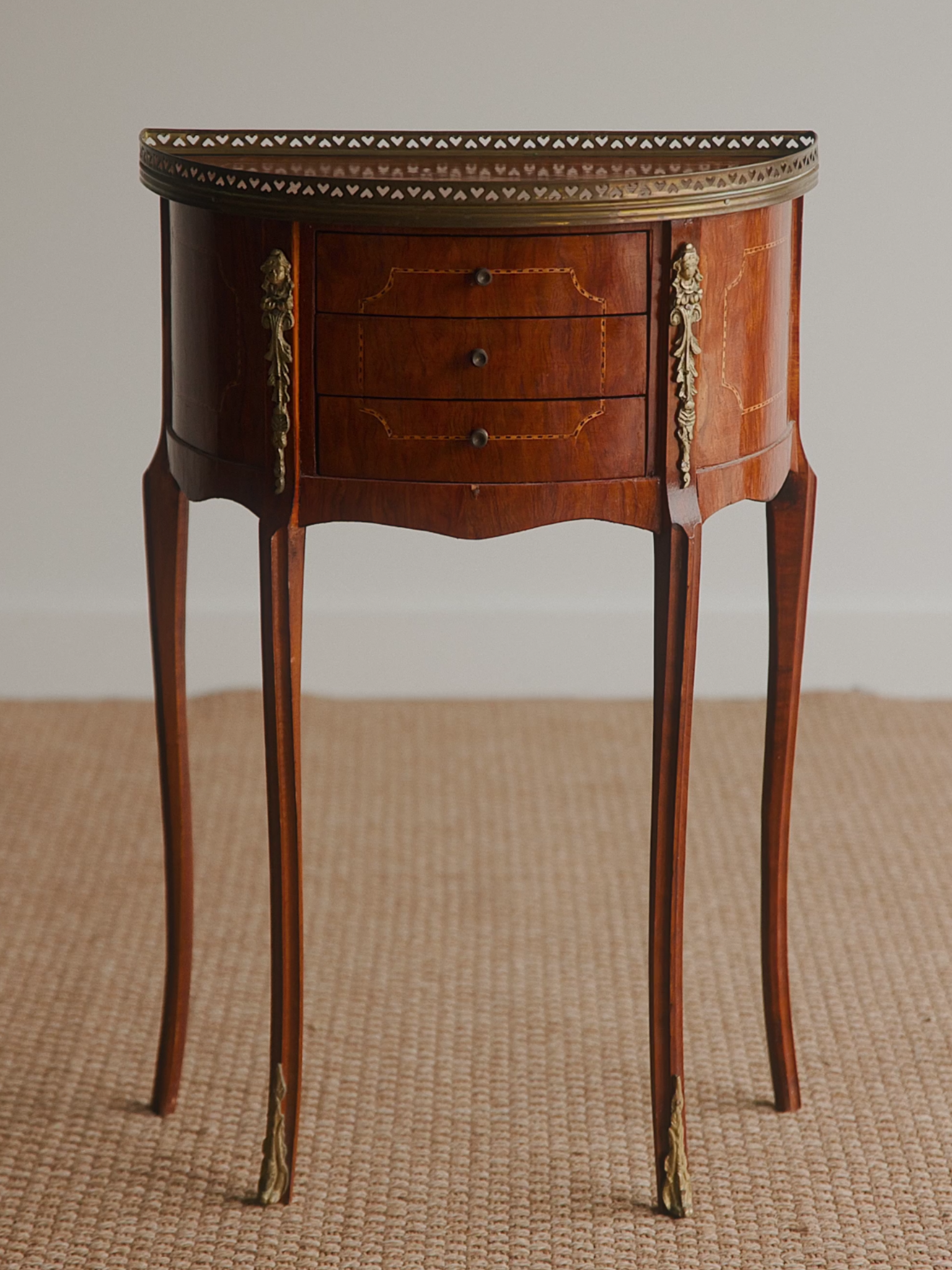 French Louis XV–Style Marquetry Demilune Side Table With Bronze Ormolu & Heart-Pierced Gallery