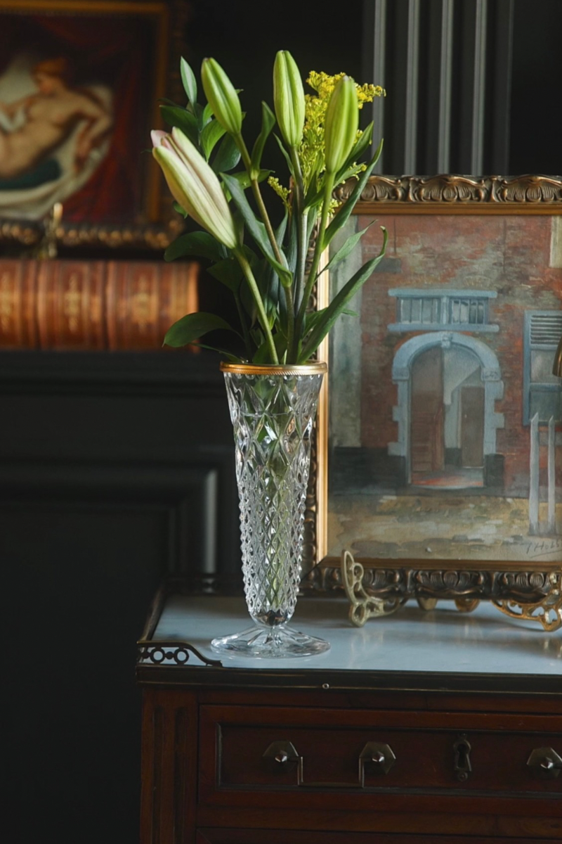 Cut Crystal Bud Vase with Gilt Rim