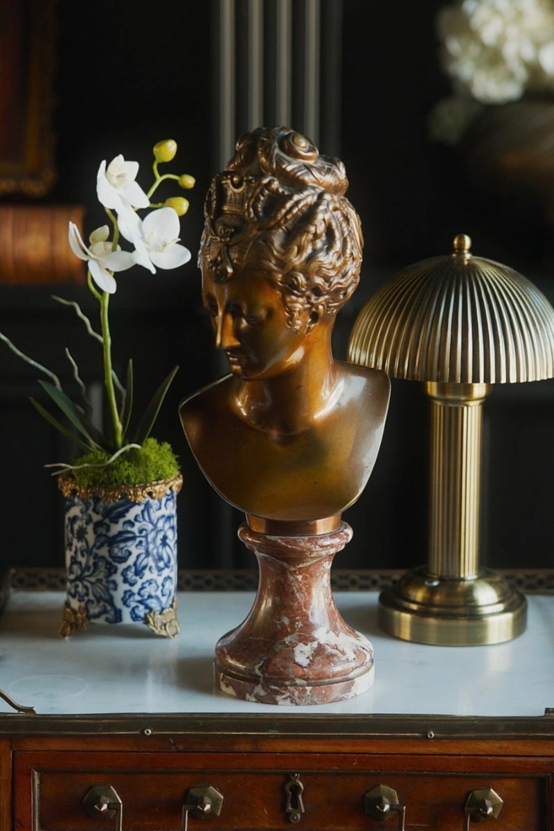 Antique French Bronze Bust of Diane de Poitiers on a Veined Marble Pedestal — Bearing “Houdon” Signature
